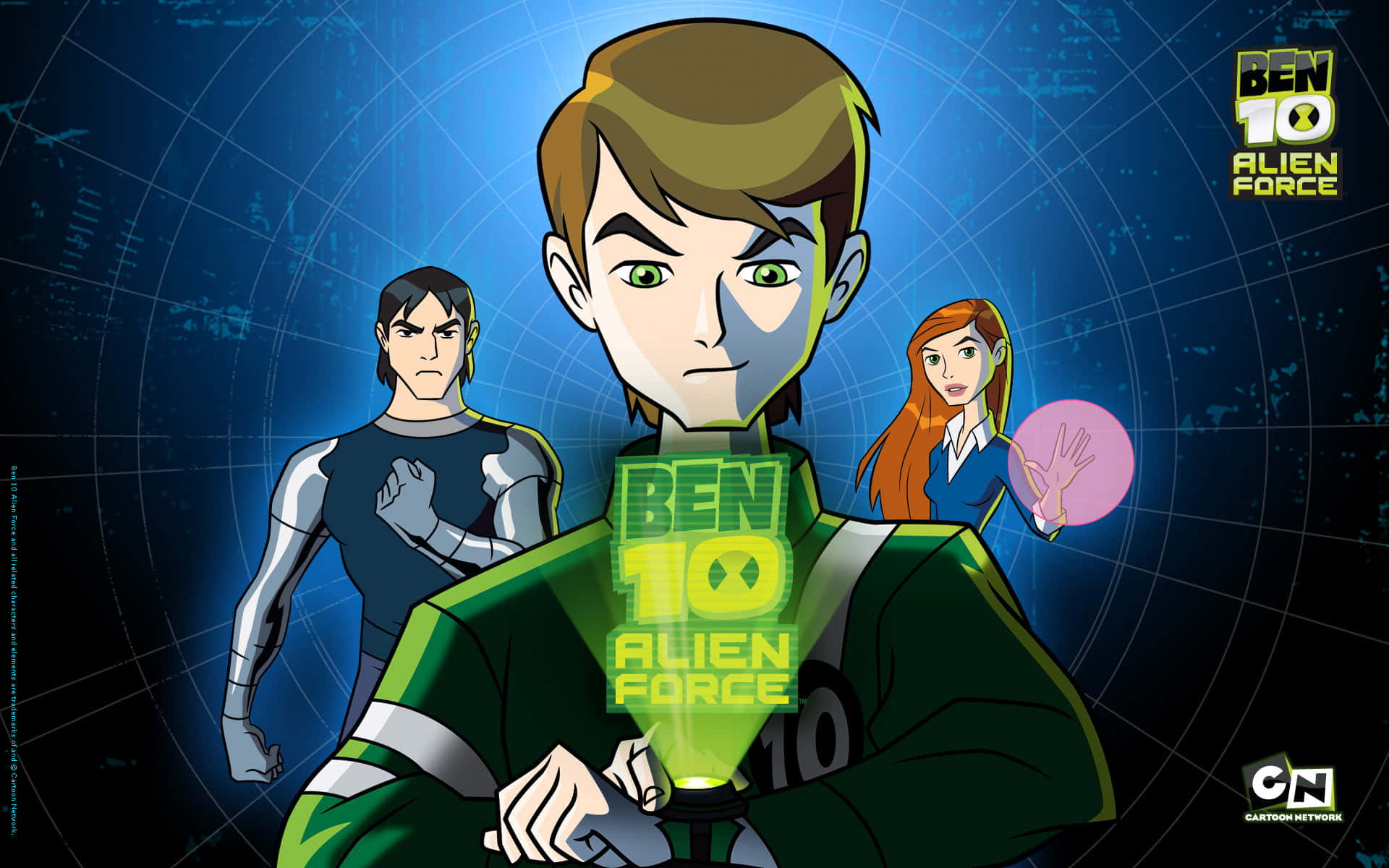 Ben 10 桌布 壁紙 — 來自Ben 10 外星英雄的三位動畫英雄在發光的藍色科技背景前準備就緒。