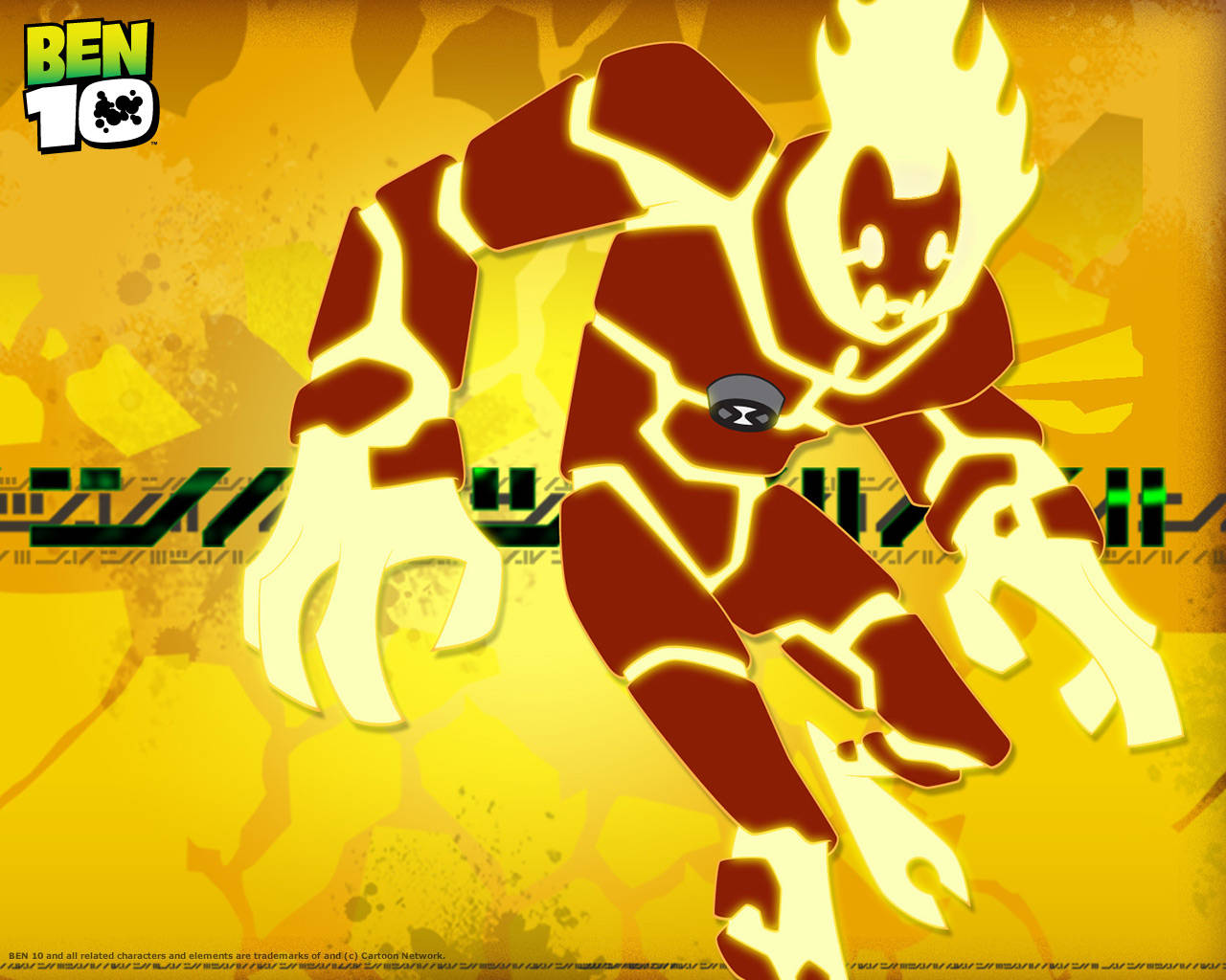 Ben 10 桌布 壁紙 — 來自Ben 10的火熱外星生物，在帶有風格化能量效果的發光黃色背景前動態站立。
