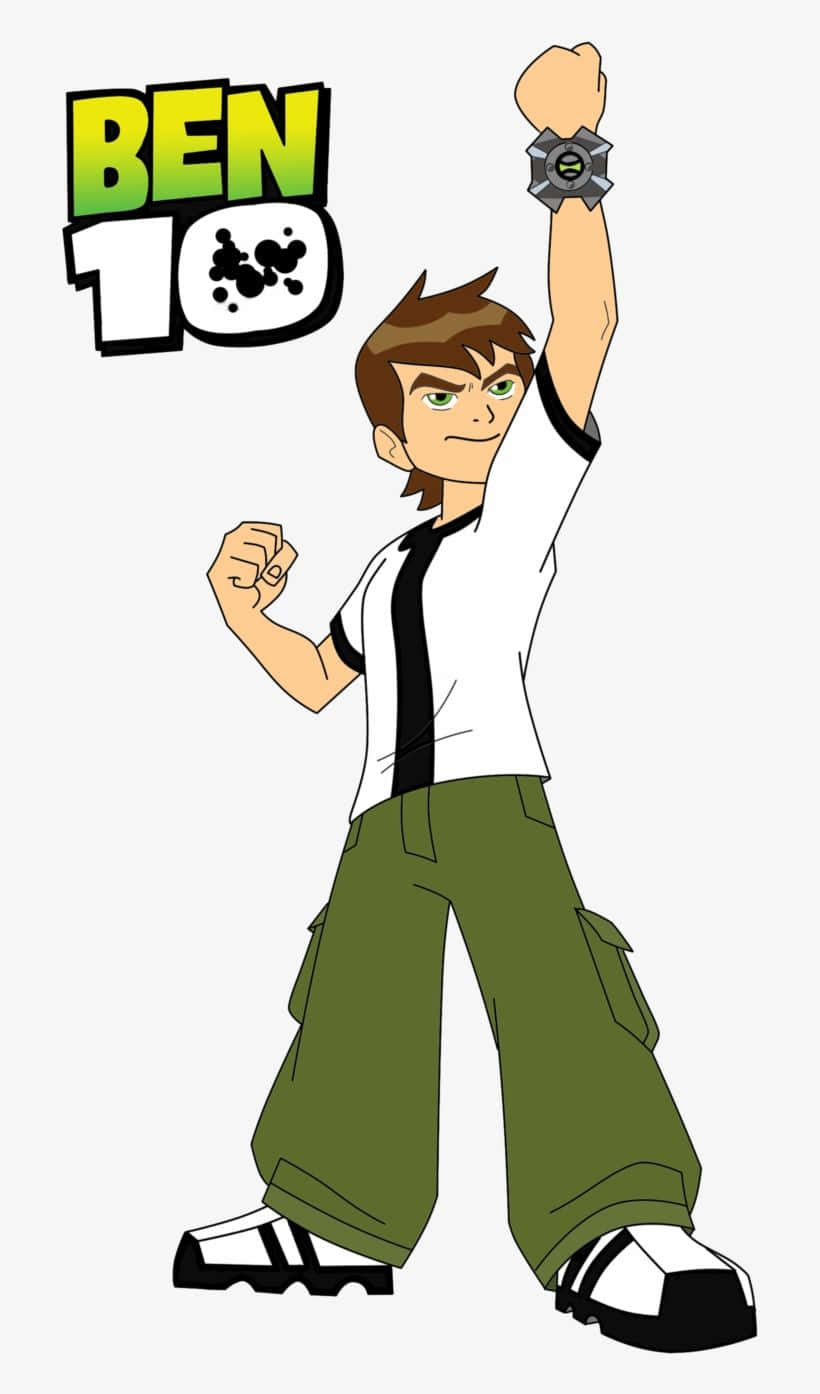 Ben 10 桌布 壁紙 — 來自Ben 10的班·坦尼森自信地站著，舉起他的Omnitrix，穿著他標誌性的白色襯衫和綠色褲子。