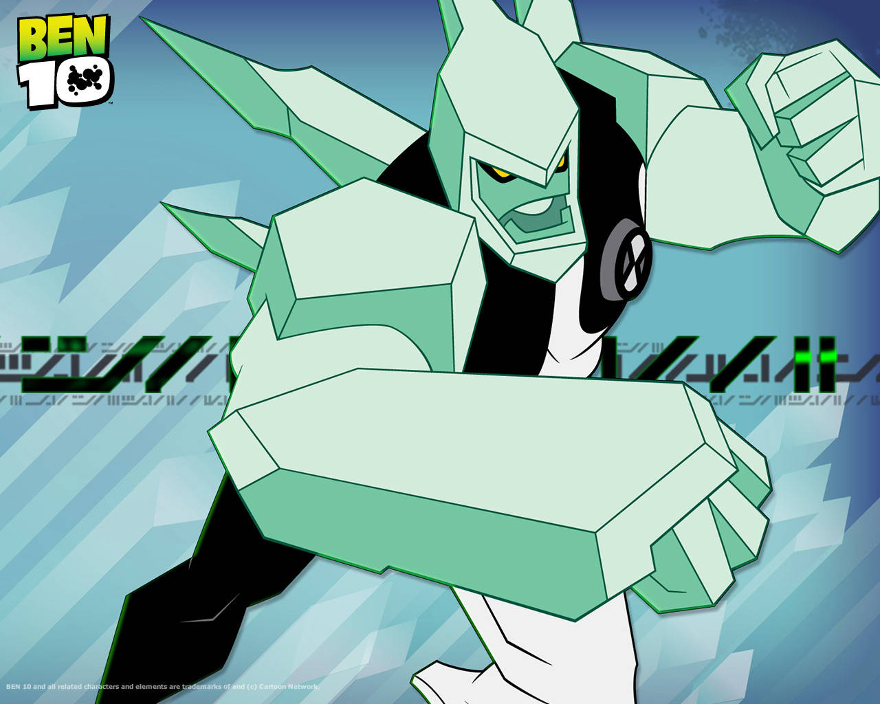 Ben 10 桌布 壁紙 — 來自Ben 10的風格化綠色和黑色結晶外星人，以動態姿勢站在藍色幾何背景前。