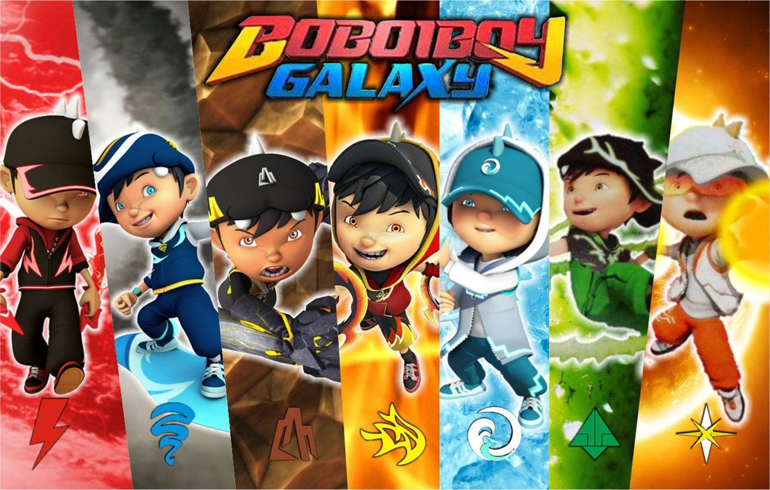 電影動圖 桌布 壁紙 — 來自Boboiboy Galaxy的六個動畫英雄以動態姿勢站在火、水、土、閃電等元素背景前。
