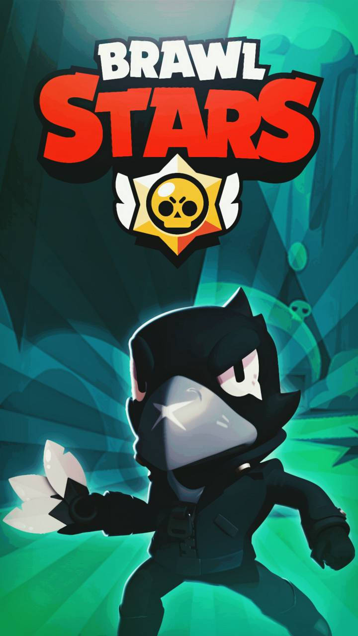 荒野亂鬥 桌布 壁紙 — 來自Brawl Stars的風格化黑色面具角色，在充滿活力的青綠色和綠色背景前準備就緒。