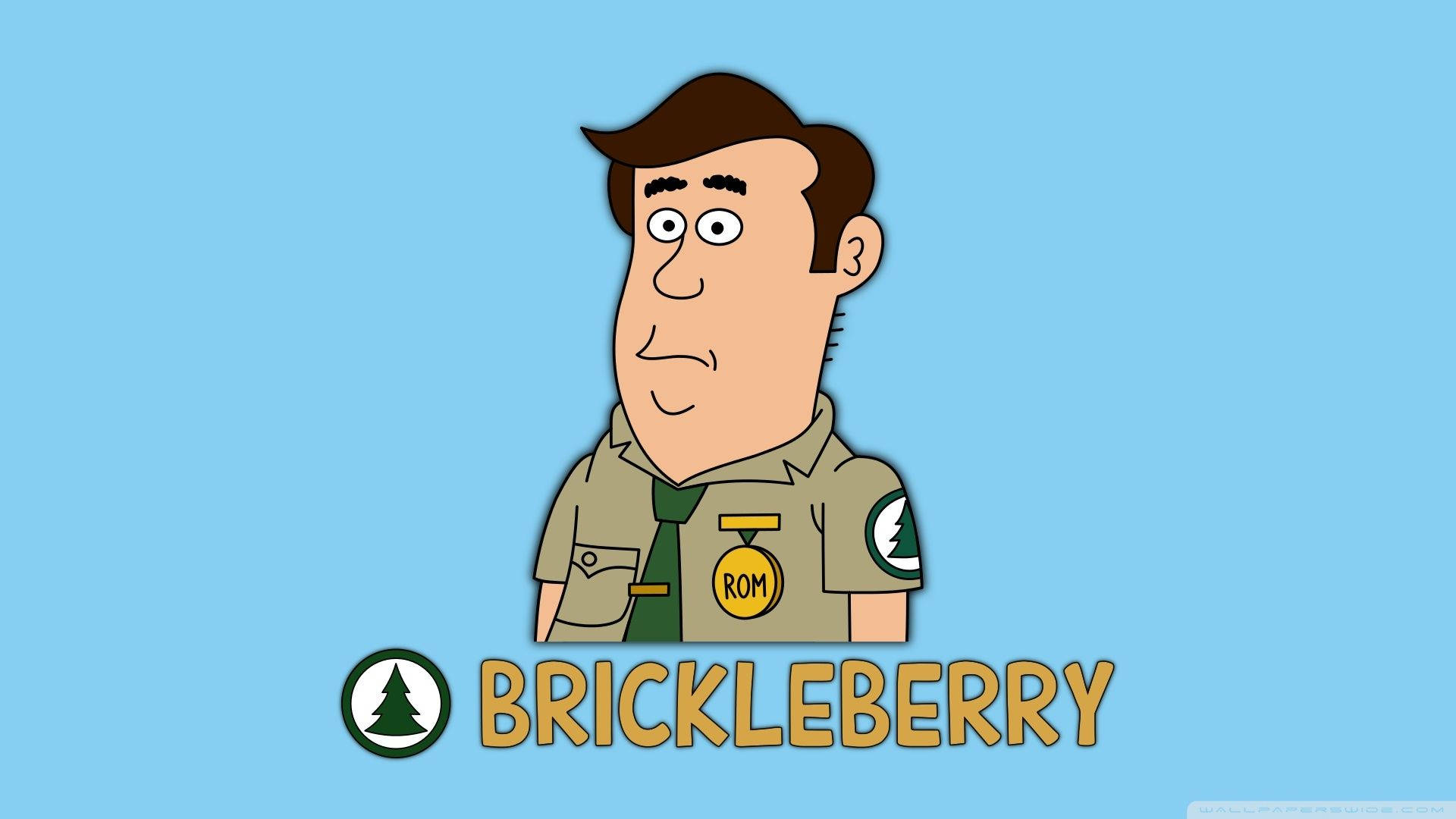 搞笑 桌布 壁紙 — 來自Brickleberry的卡通護林員Rom站在純藍色背景前，下方有他的名字和標誌。