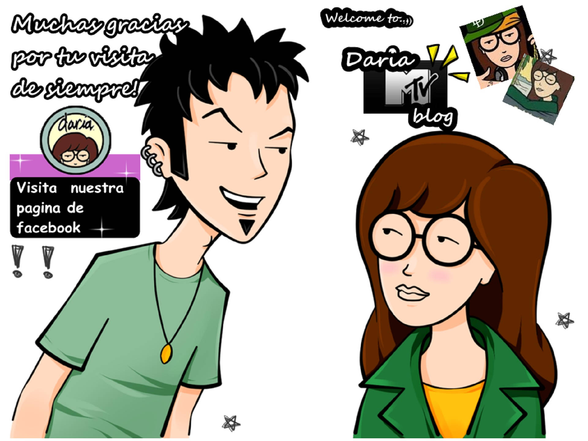 達莉亞 桌布 壁紙 — 來自Daria MTV部落格的兩個角色的卡通插圖，帶有西班牙文字和星星圖案。