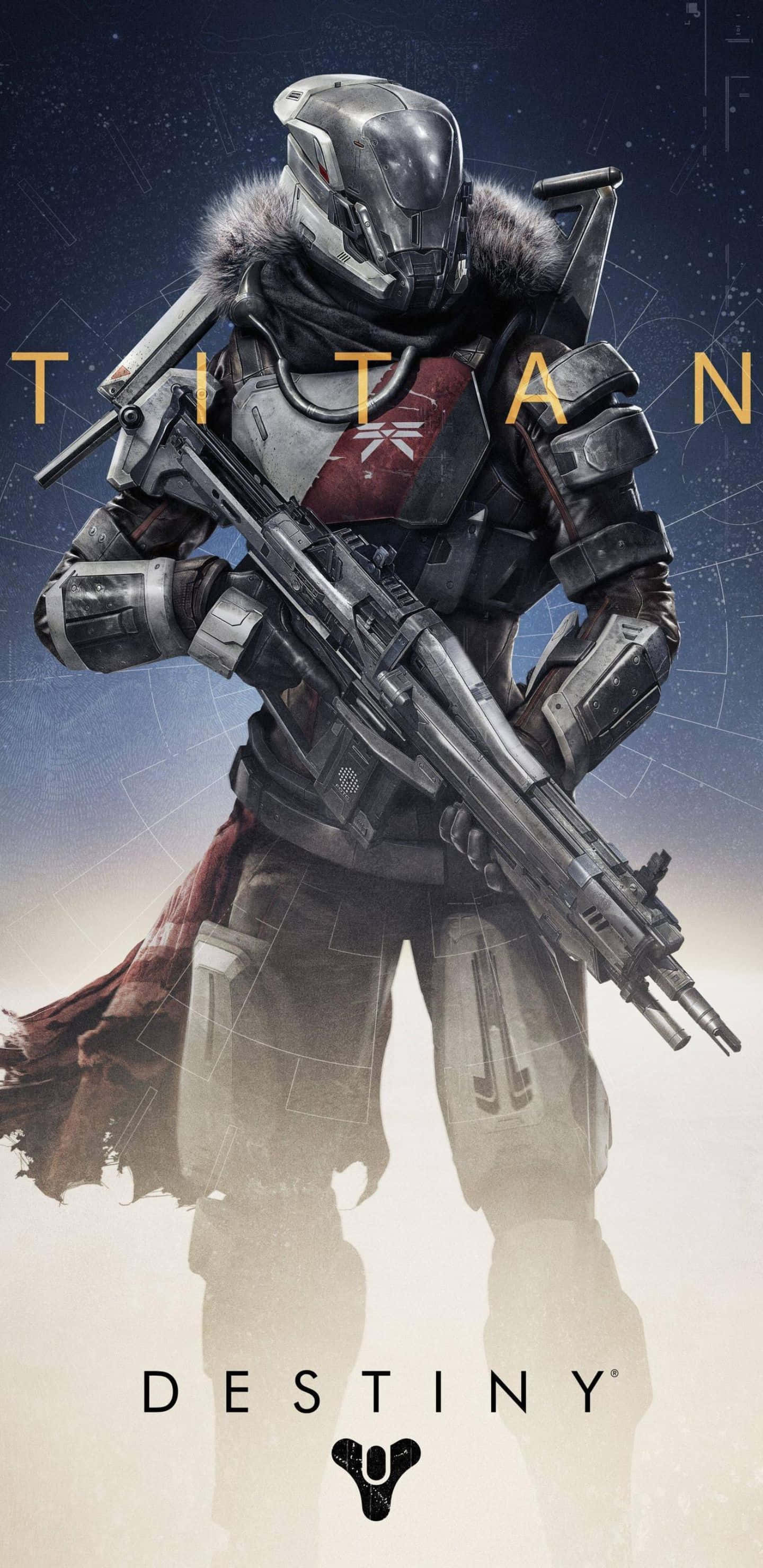 天命2 桌布 壁紙 — 來自Destiny的重裝甲泰坦戰士，手持巨大武器，以星空宇宙為背景，蓄勢待發。