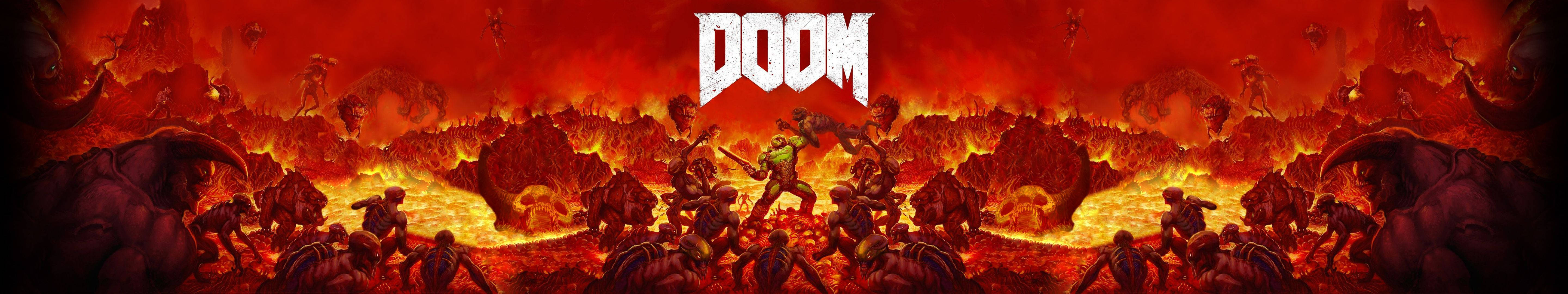 毀滅戰士 桌布 壁紙 — 來自DOOM的熾熱地獄戰場，惡魔生物與士兵在熔岩和熔岩中戰鬥。