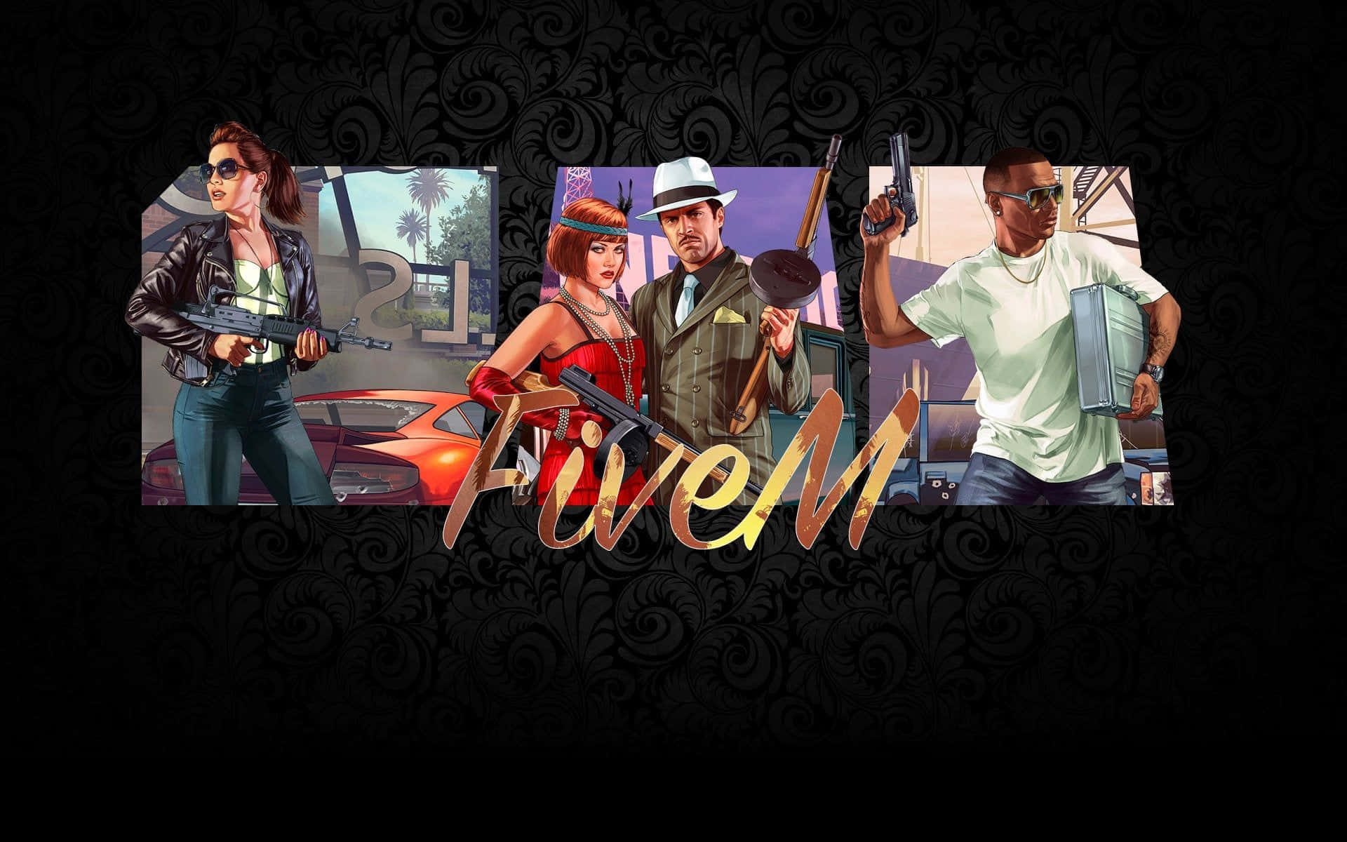 poster 桌布 壁紙 — 來自FiveM遊戲的四個風格化角色在黑暗華麗背景上手持武器，帶有發光標誌。