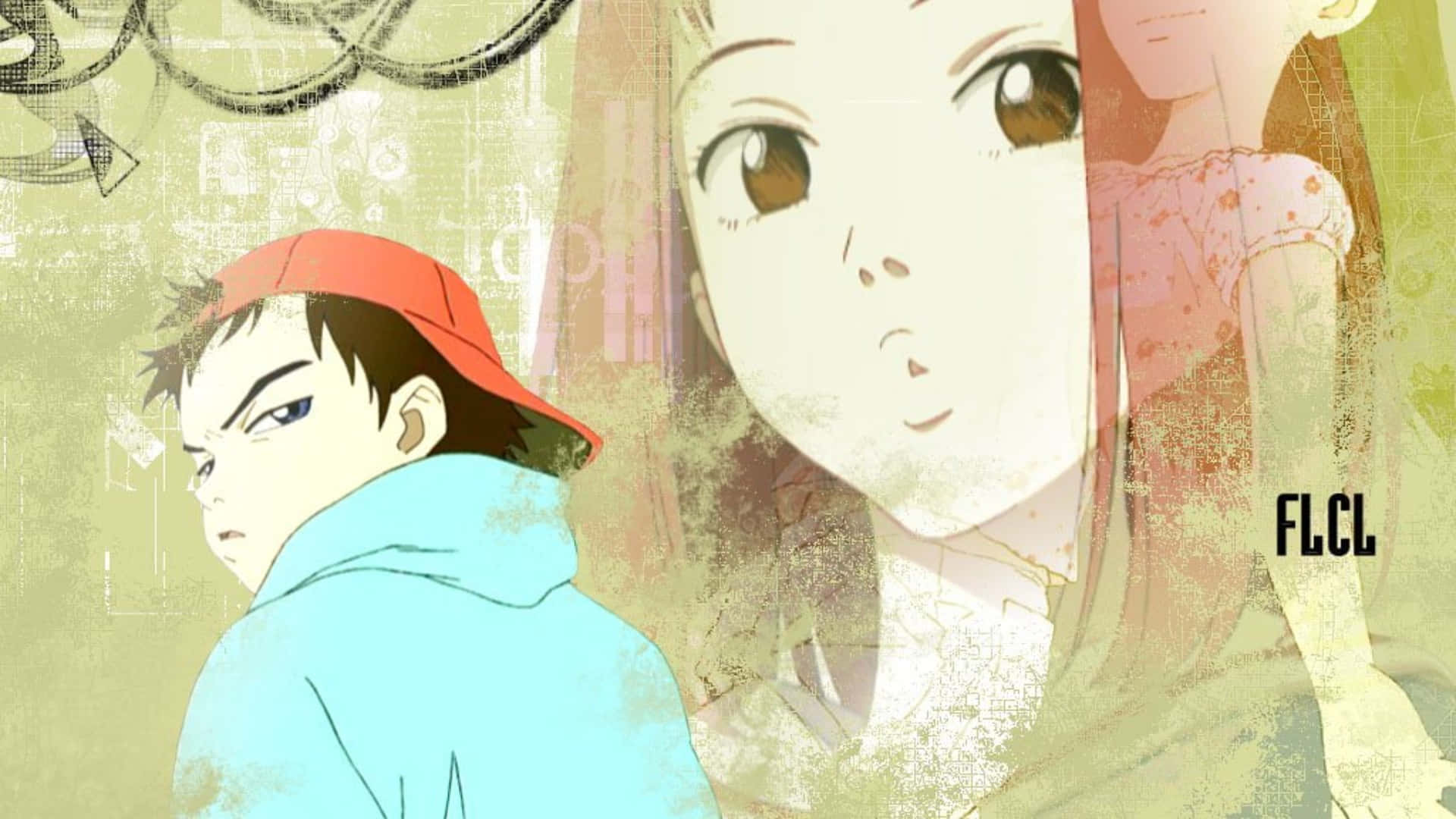 Mamimi Samejima 桌布 壁紙 — 來自FLCL的動漫角色，一個戴紅帽穿藍色連帽衫的男孩面對一個棕色眼睛的女孩，背景是帶紋理的綠色。
