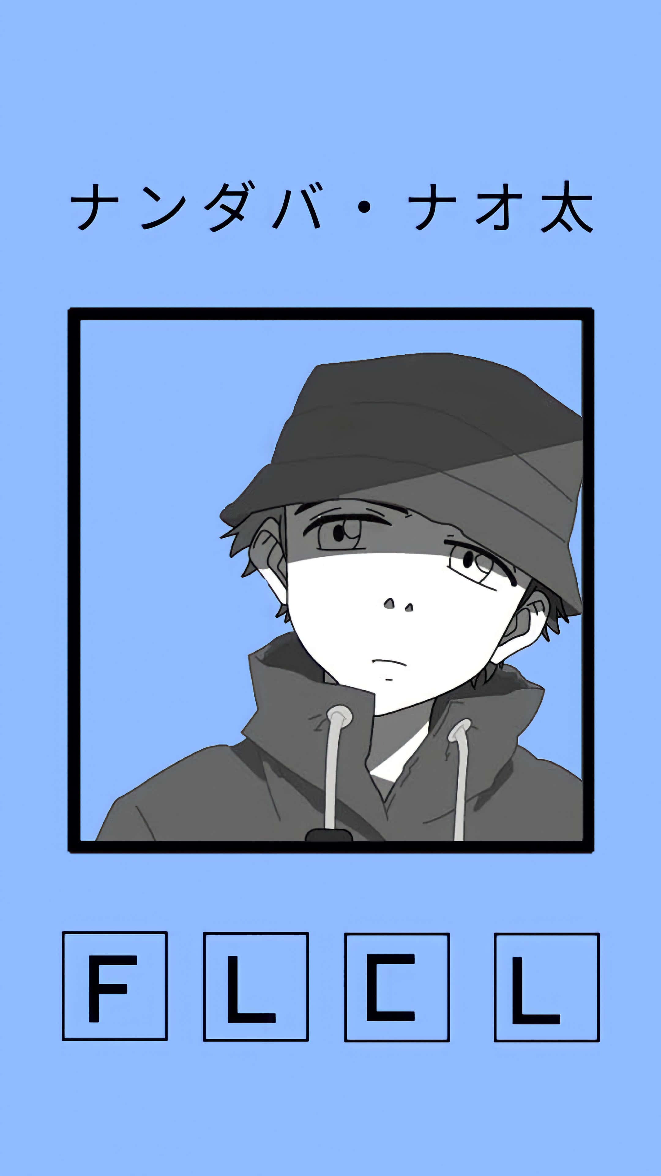 Naota Nandaba 桌布 壁紙 — 來自FLCL的動畫角色Nanaba Naoto，穿著灰色連帽衫和帽子，背景為純藍色。