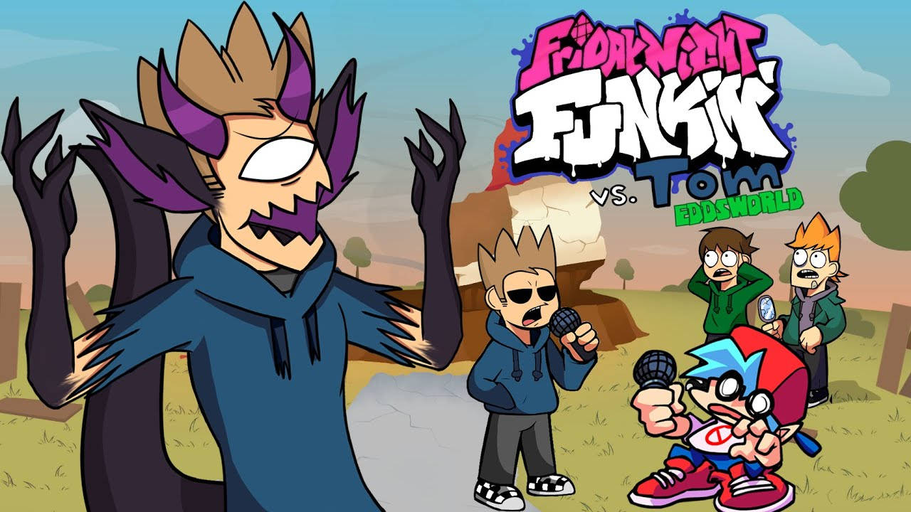 Eddsworld 桌布 壁紙 — 來自Friday Night Funkin' vs Tom的卡通角色站在沙漠景觀中，帶有塗鴉風格的標題文字。