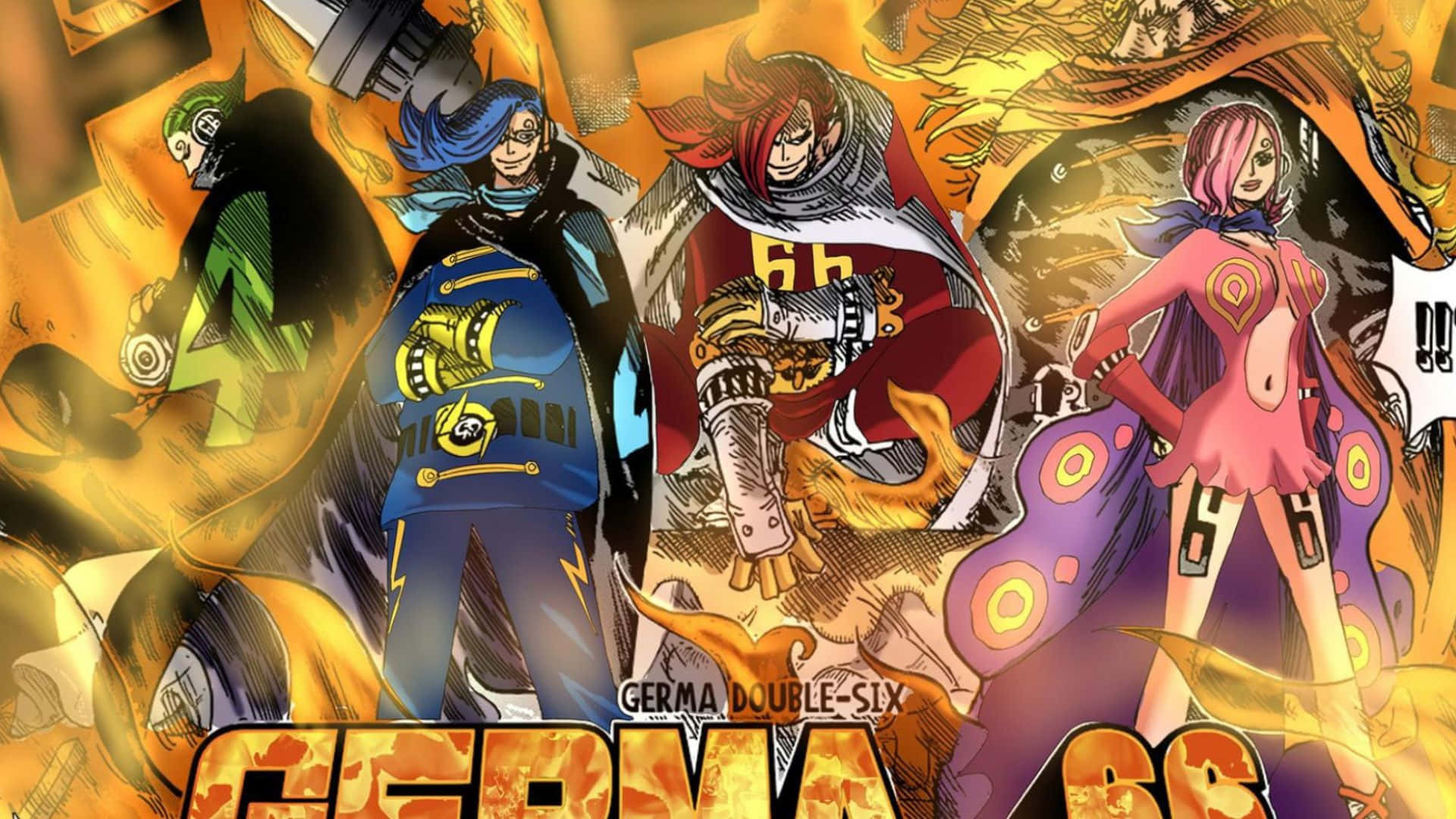 Germa 66 桌布 壁紙 — 來自Germa 66的四個動漫角色在熾熱的橙色和黃色背景前動態站立，充滿爆炸性能量。