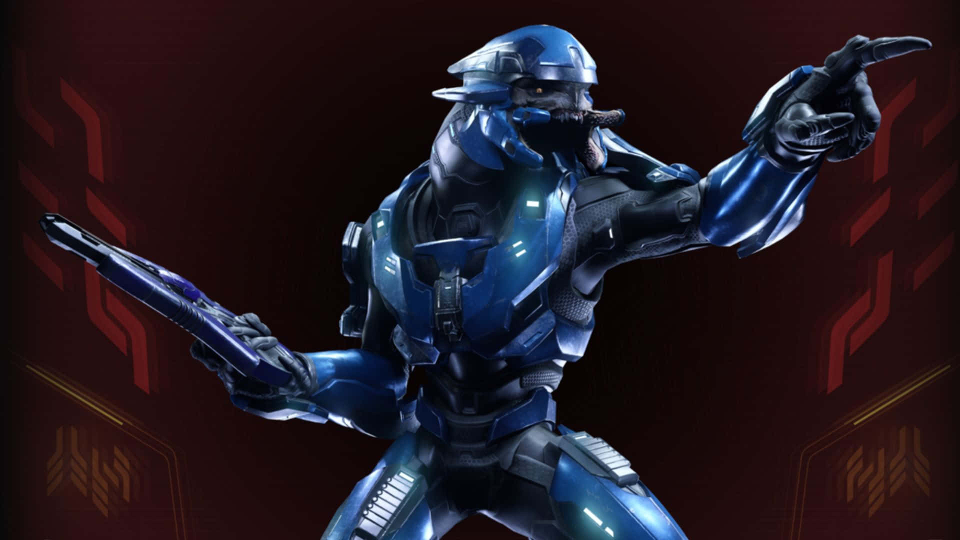 Sangheili 桌布 壁紙 — 來自Halo的藍色裝甲斯巴達戰士，手持未來能量武器，在深紅色背景和發光符號前指向前方。