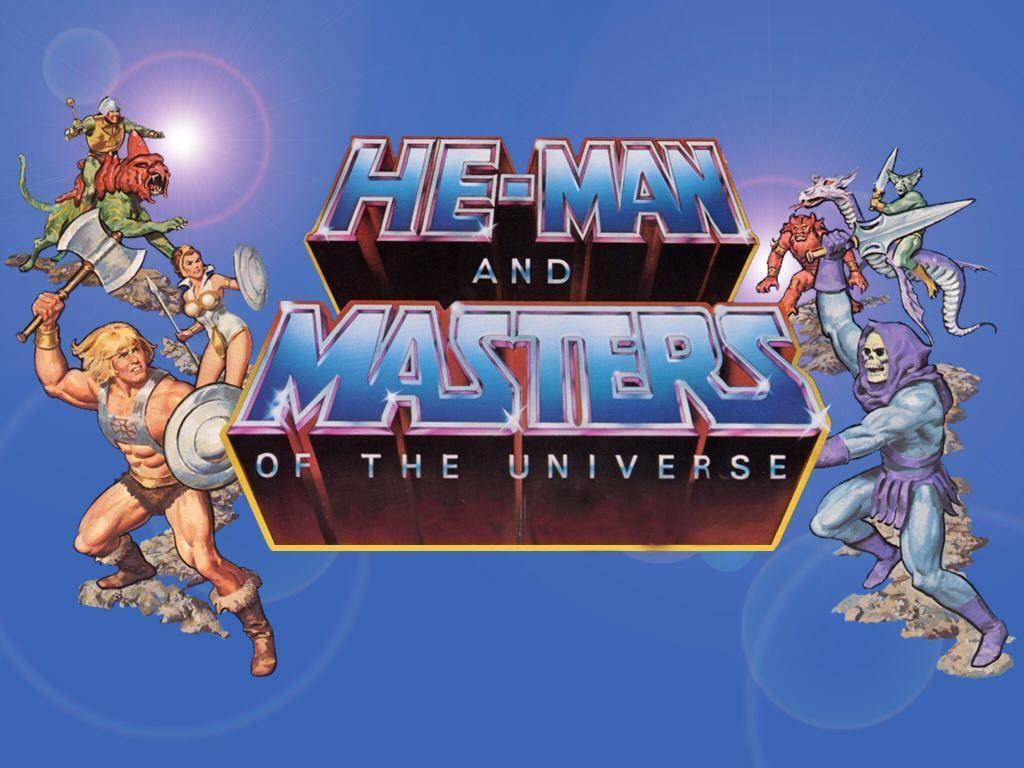 Cartoon 桌布 壁紙 — 來自He-Man和Masters of the Universe的大膽80年代卡通角色在藍色背景上圍繞發光標題標誌動態擺姿勢。