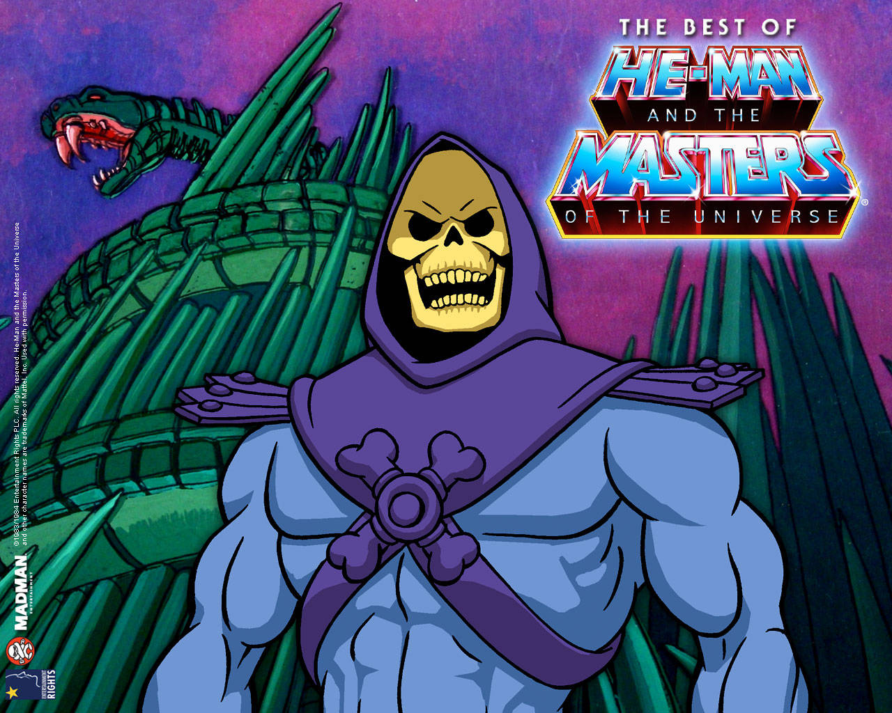 skeletor 桌布 壁紙 — 來自He-Man的骷髏王站在綠色尖刺堡壘前，上方有一條龍，背景是紫色天空，氣勢洶洶。