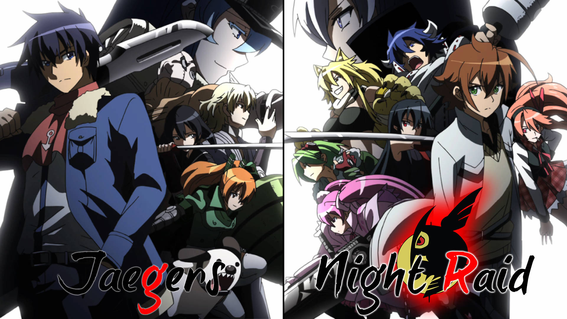 akame 桌布 壁紙 — 來自Jaegers和Night Raid的兩個動漫團體以動態姿勢站立，帶有鮮明的黑白和鮮豔的色彩點綴。