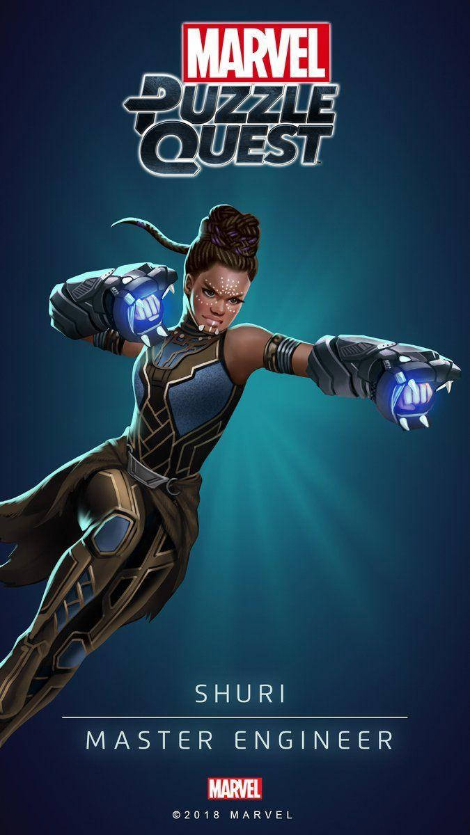 Shuri 桌布 壁紙 — 來自Marvel Puzzle Quest的工程大師Shuri，在深藍綠色漸變背景前，以發光的藍色能量拳頭動態跳躍。