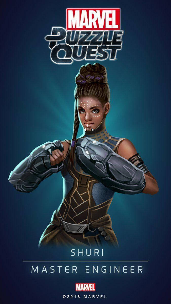 Shuri 桌布 壁紙 — 來自Marvel Puzzle Quest的工程大師舒莉，身穿未來裝甲，站在發光的藍色背景前。