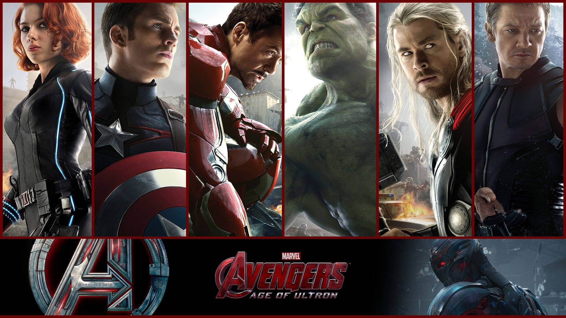Ultron 桌布 壁紙 — 來自Marvel's Avengers Age of Ultron的六位超級英雄以戲劇性的姿勢站在飽經戰火的背景前。