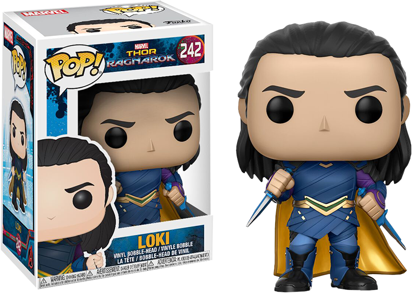 洛基 桌布 壁紙 — 來自Marvel Thor Ragnarok的洛基Funko Pop！乙烯基人偶，盒子展示了他的藍色和金色服裝以及憤怒的表情。