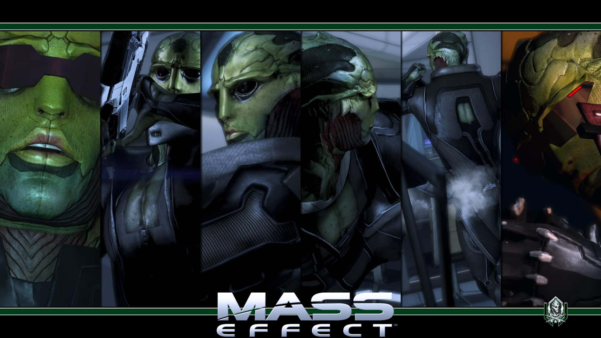 Mass Effect Characters 桌布 壁紙 — 來自Mass Effect的綠色皮膚外星人角色拼貼畫，身著深色科幻盔甲，帶有發光的紅色點綴。