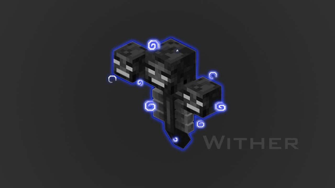 Minecraft Wither Boss 桌布 壁紙 — 來自Minecraft的像素化凋零怪首領，在黑暗背景下散發出藍色能量。