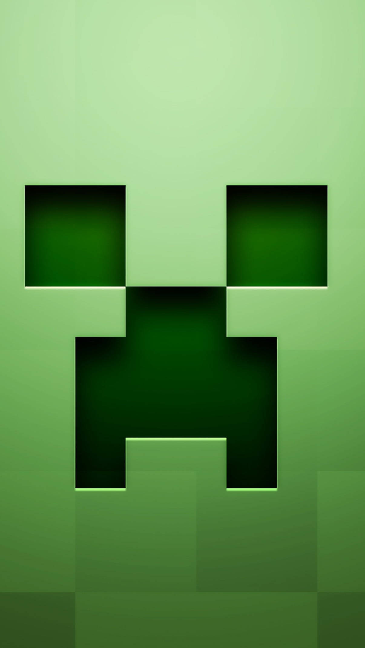 我的世界苦力怕 桌布 壁紙 — 來自Minecraft的像素化綠色爬行者面孔，帶有發光的眼睛和威脅性的笑容，背景為綠色漸變。