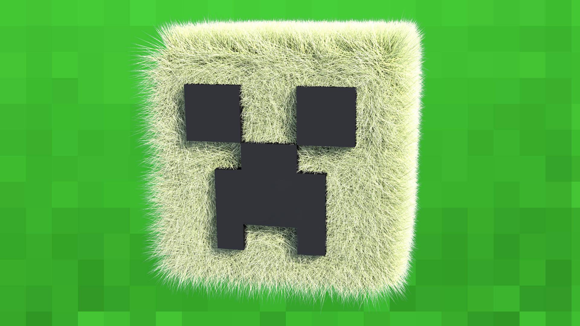 Creeper 桌布 壁紙 — 來自Minecraft的像素化綠色爬行者，帶有模糊紋理，背景是充滿活力的綠色方塊背景。