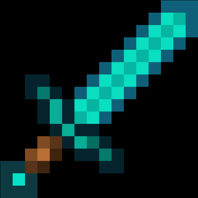 Minecraft Sword 桌布 壁紙 — 來自Minecraft的像素化鑽石劍，帶有青綠色劍刃和棕色劍柄，背景為黑色。
