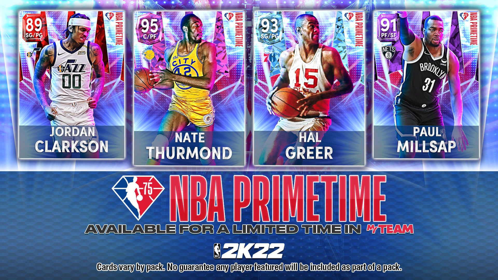 NBA Players 桌布 壁紙 — 來自NBA 2K22 Primetime的四張NBA球員卡，展示了Jordan Clarkson、Nate Thurmond、Hal Greer和Paul Millsap，背景是發光的藍色和紫色數位背景。