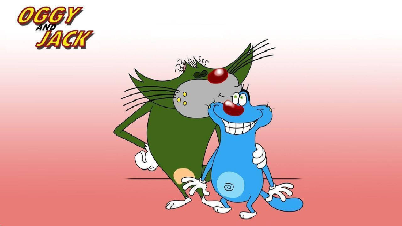 Oggy And The Cockroaches 桌布 壁紙 — 來自Oggy和Jack的綠色貓咪和藍色老鼠在柔和的粉紅色漸變背景前快樂地擁抱。