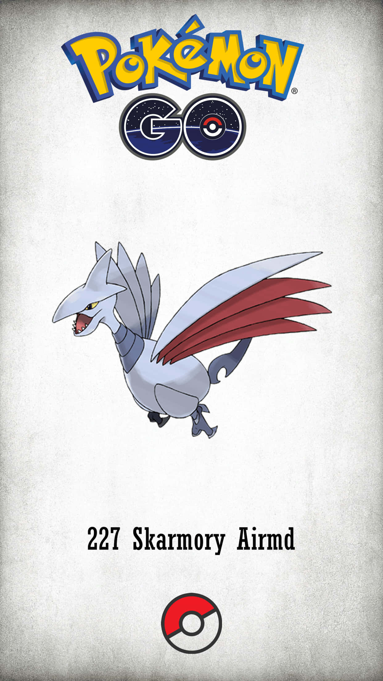 桌布 壁紙 — 來自Pokémon GO的風格化Skarmory寶可夢插圖，紅色翅膀和灰色身體，背景為紋理白色。
