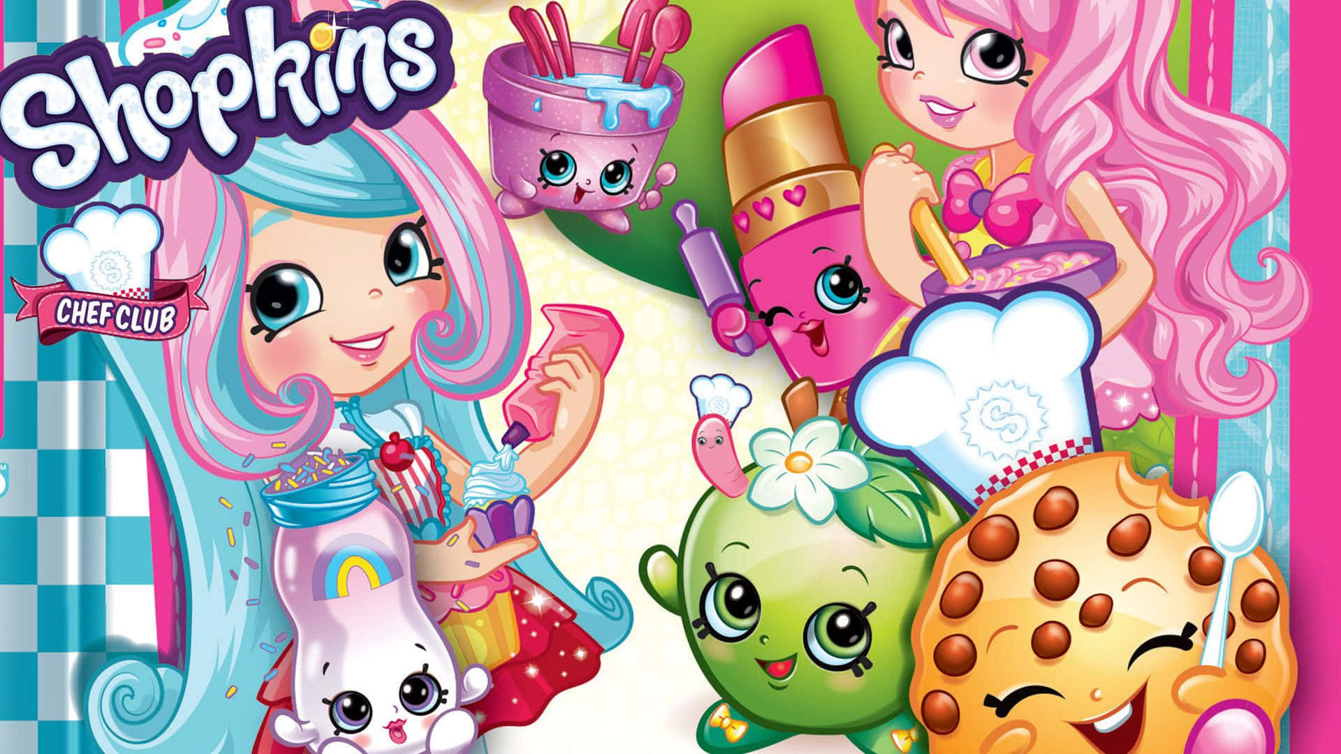 Shopkins 桌布 壁紙 — 來自Shopkins Chef Club的鮮豔卡通人物在有趣的廚房場景中快樂地烘焙和裝飾色彩繽紛的甜點。