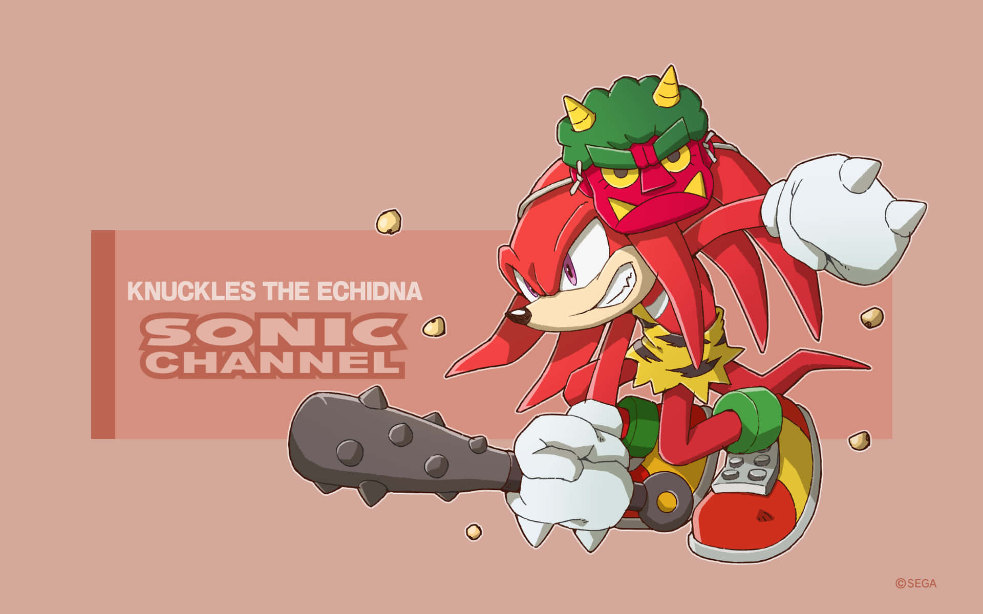 Knuckles 桌布 壁紙 — 來自Sonic Channel的納克魯斯（Knuckles the Echidna）在柔和的粉紅色背景前，動感地擺出拿著尖刺棍棒的姿勢。