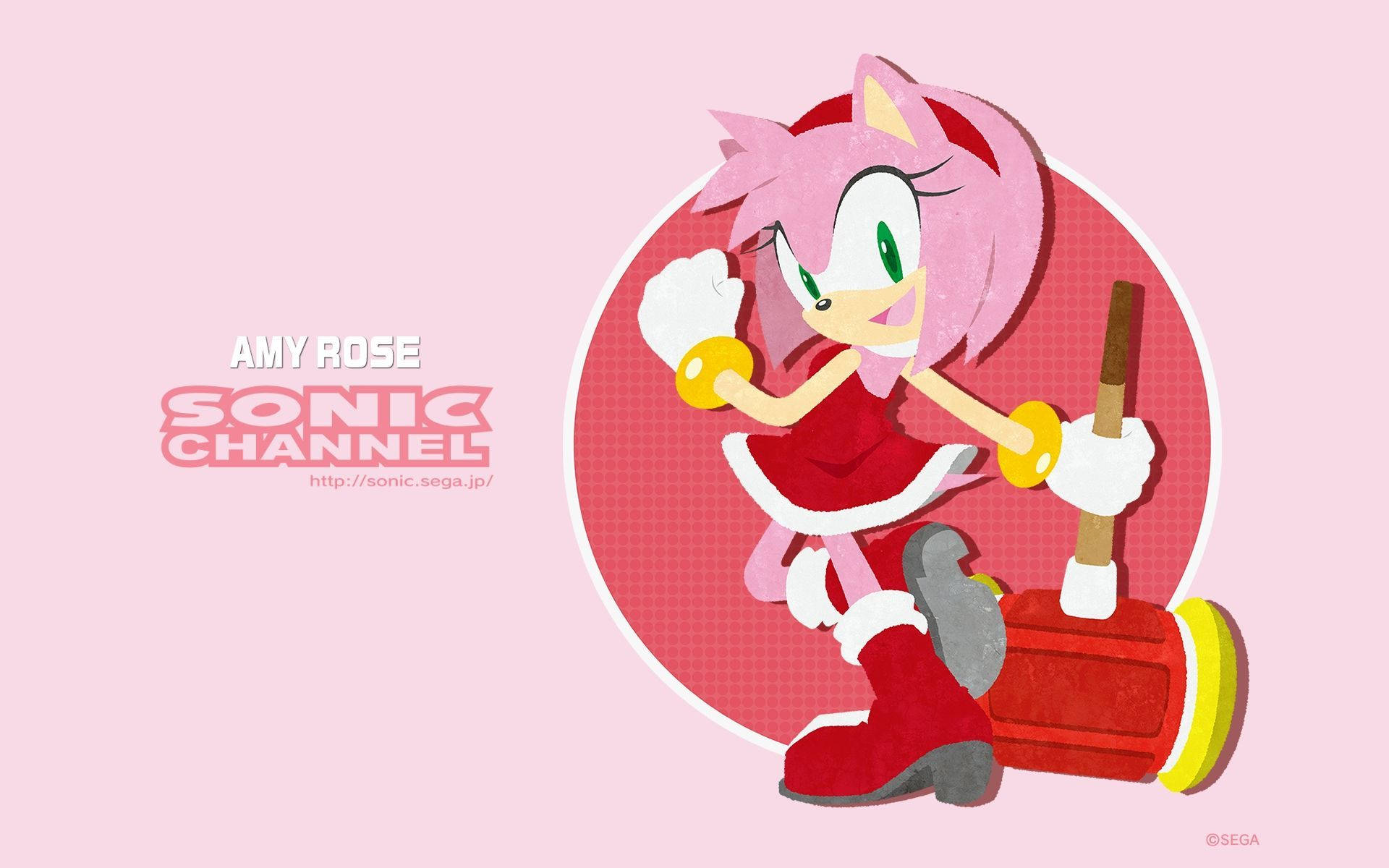 艾咪·羅斯 桌布 壁紙 — 來自Sonic Channel的艾咪·羅斯在柔和的粉紅色背景前自信地擺姿勢，手持她的錘子。