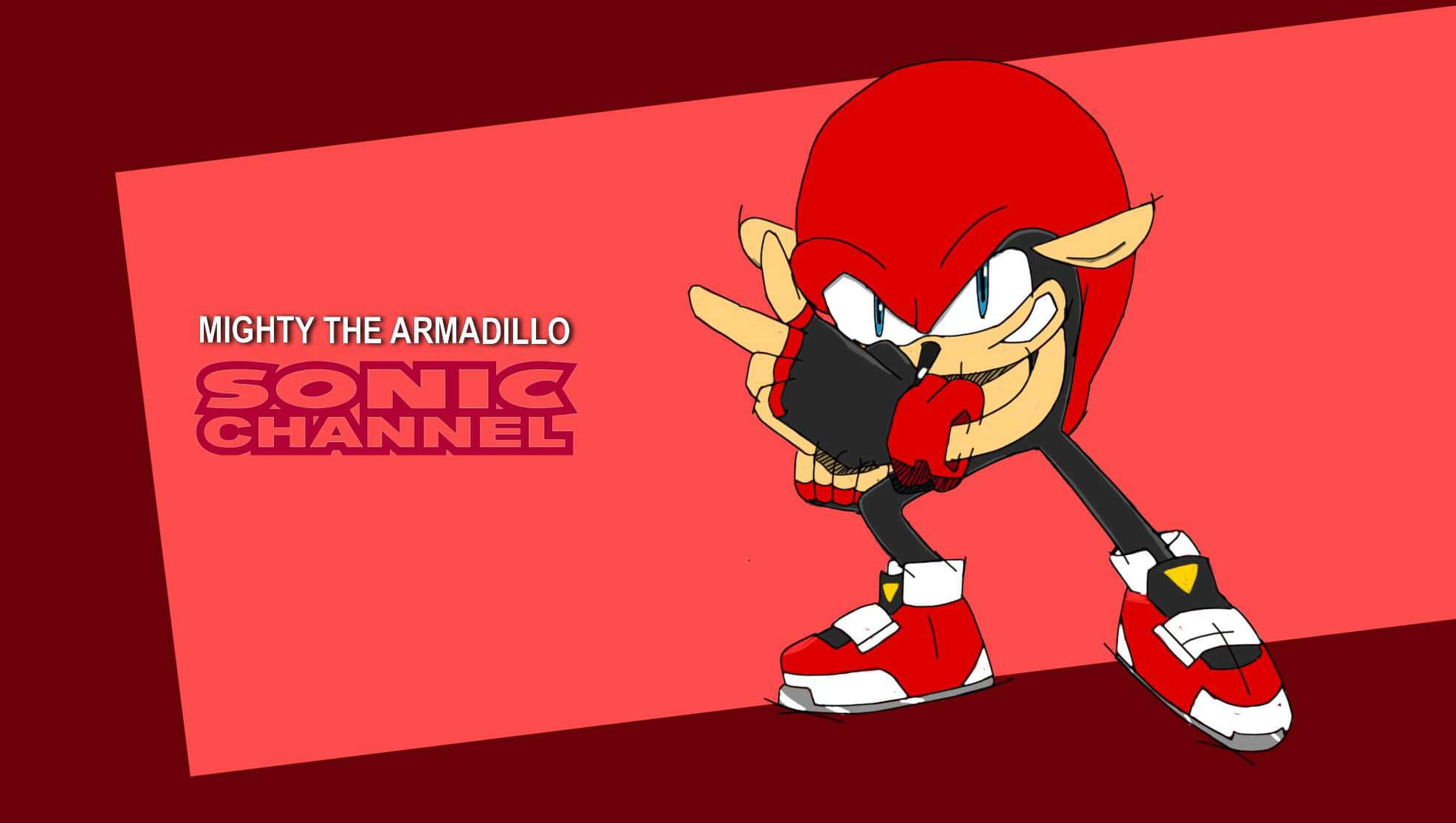 Mighty The Armadillo 桌布 壁紙 — 來自Sonic Channel的Mighty the Armadillo自信地擺出姿勢，身穿紅白裝備，背景為大膽的紅色。