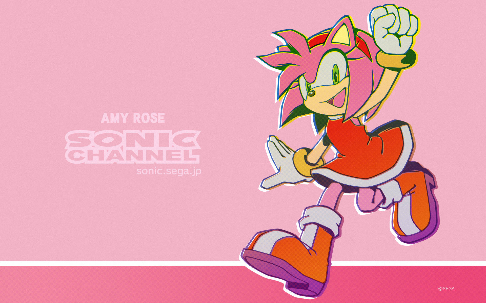 Amy Rose 桌布 壁紙 — 來自Sonic Channel的Amy Rose在柔和的粉紅色漸變背景上充滿活力地跳躍，帶有粗線條和鮮豔色彩。
