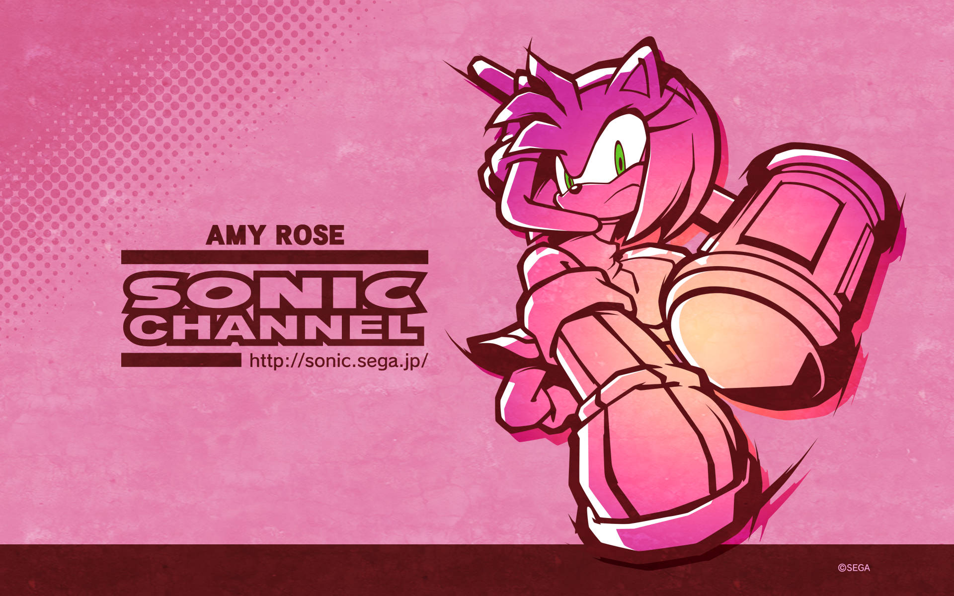 艾咪·羅斯 桌布 壁紙 — 來自Sonic Channel的Amy Rose在紋理粉紅色背景上，以兇猛的決心揮舞她的錘子。