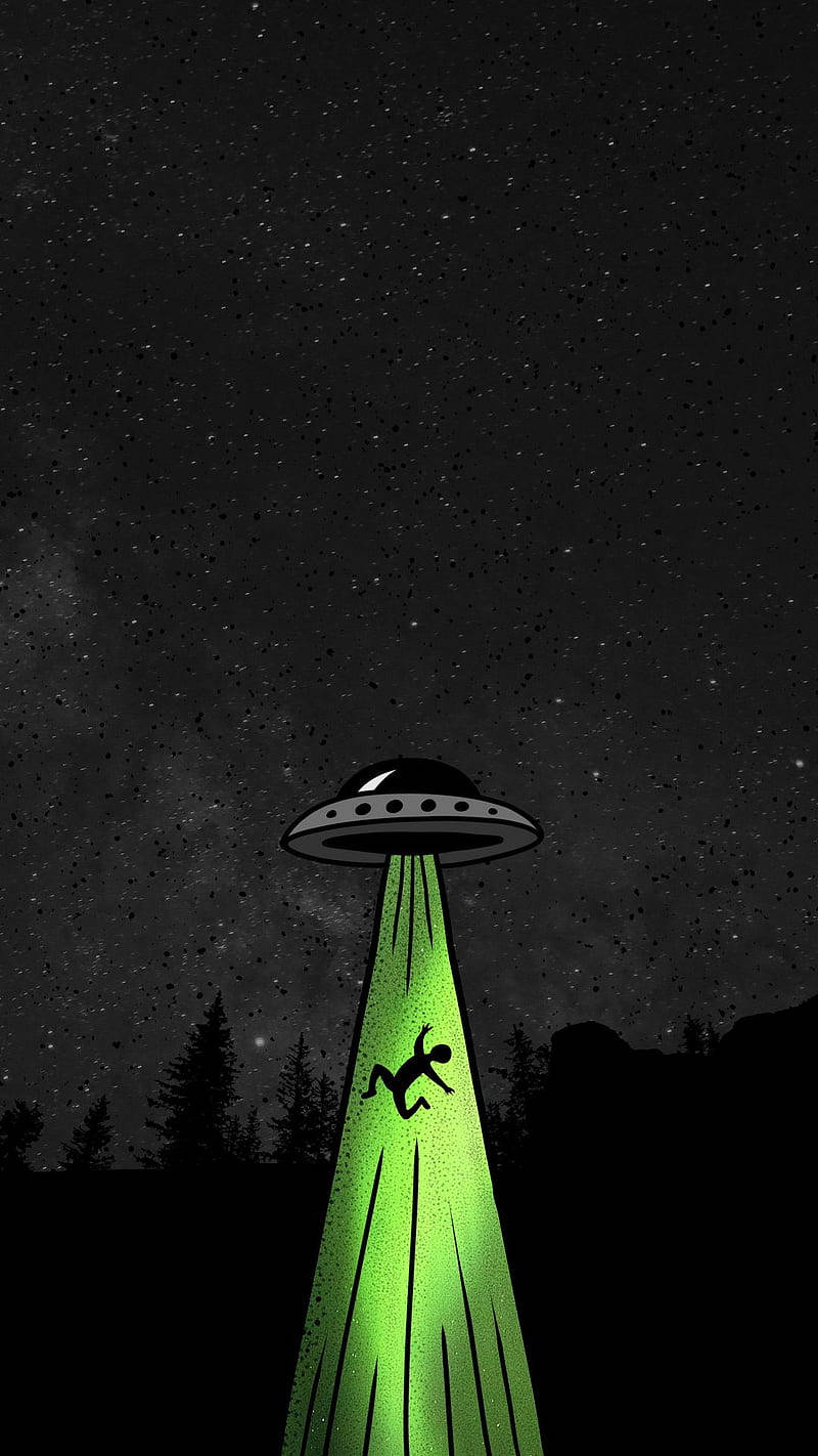 幽浮 桌布 壁紙 — 來自UFO的發光綠色光束將人類剪影提升到黑暗樹木上方的星空夜空之上。