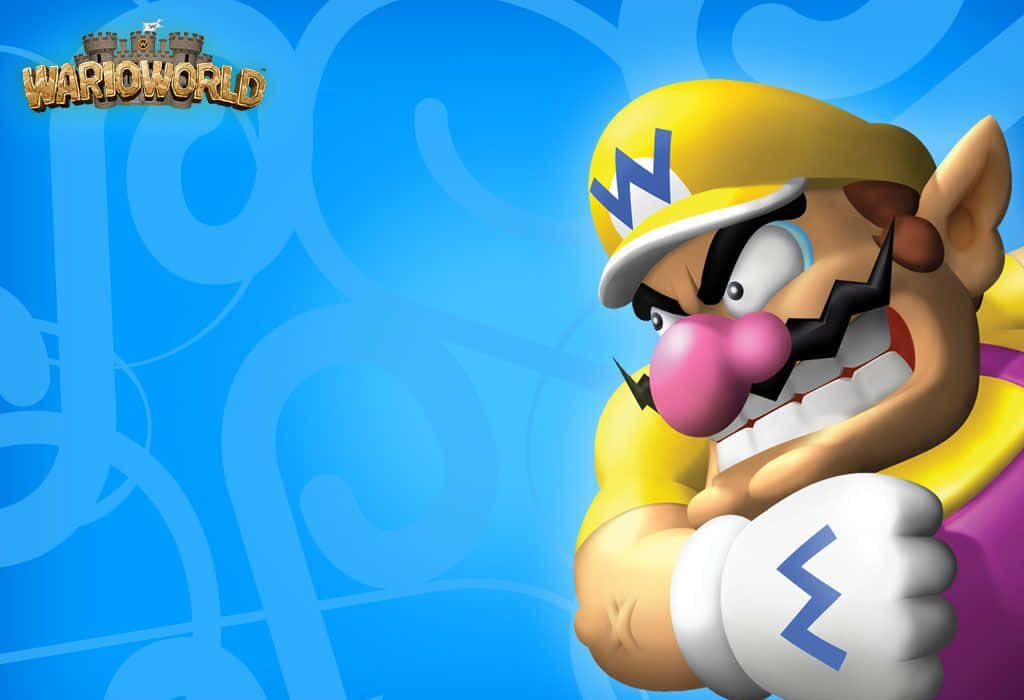 wario 桌布 壁紙 — 來自WarioWorld的Wario憤怒地握緊拳頭，站在旋轉的藍色背景前。