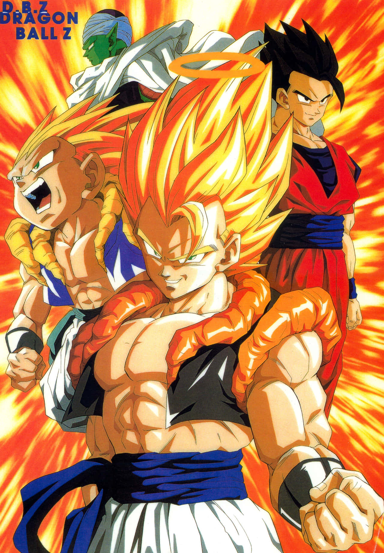 Buu Saga 桌布 壁紙 — 來自七龍珠Z的三位超級賽亞人戰士，在熾熱的橙色和黃色爆炸背景前強勢站立。