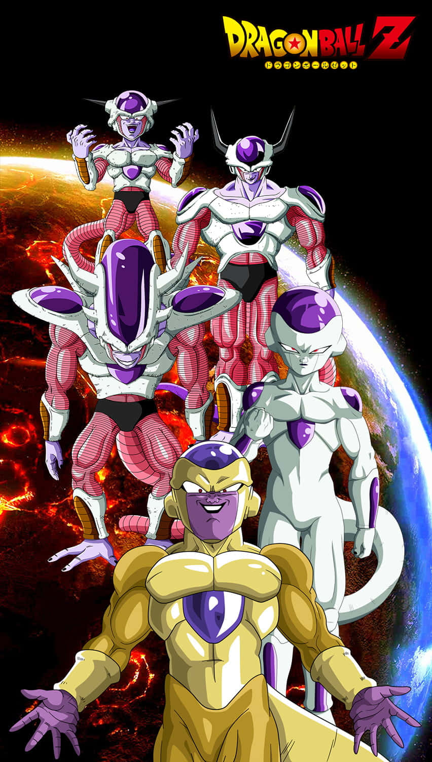 Frieza's Army 桌布 壁紙 — 來自七龍珠Z的五個兇猛弗羅斯特形態，在宇宙戰鬥姿勢中，背景是熾熱行星和藍色地球。