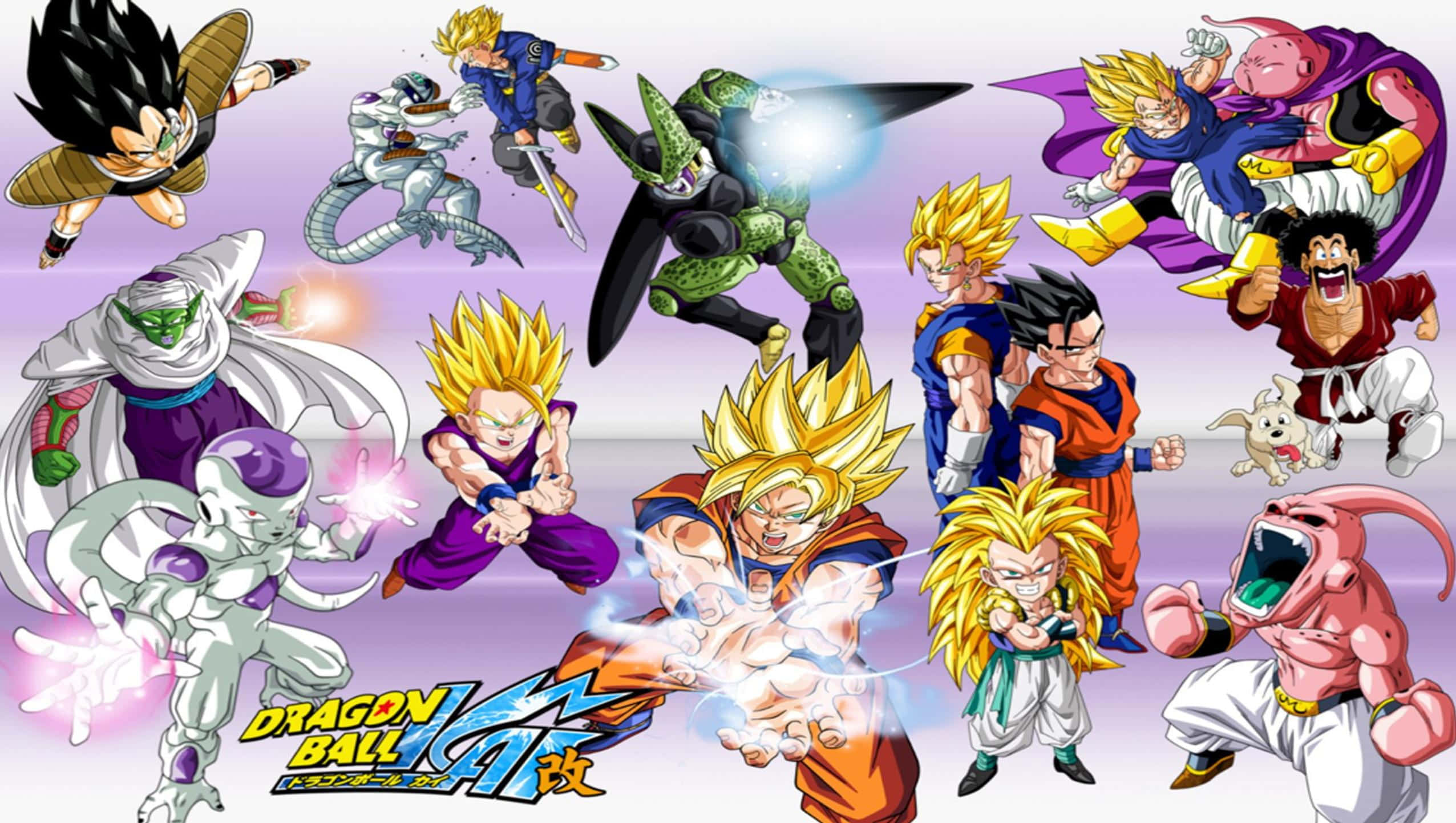 Dragon Ball Z Kai 桌布 壁紙 — 來自七龍珠Z的動態動漫角色在半空中戰鬥，發出能量爆炸，背景是柔和的紫色漸層。