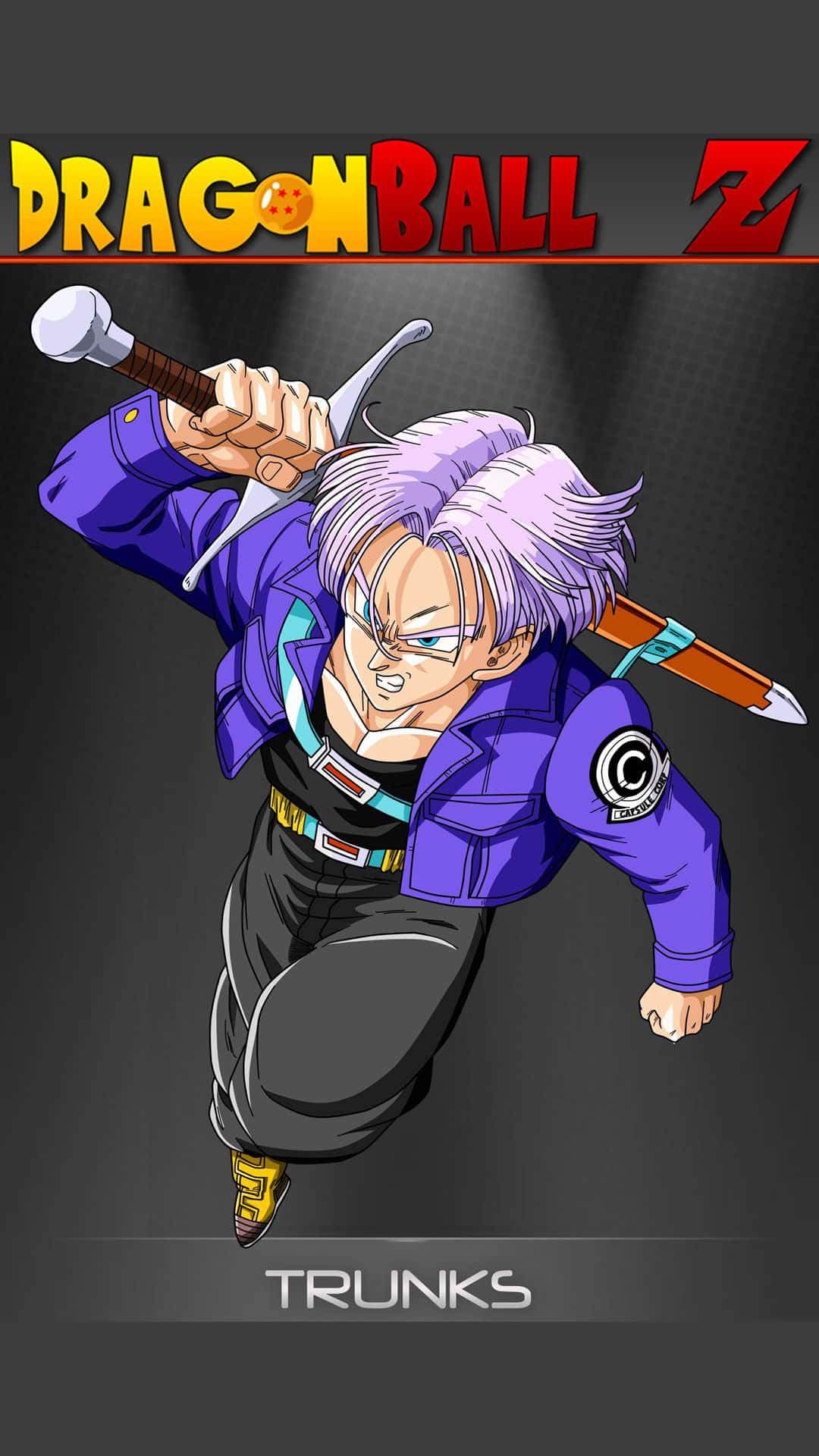 Trunks 桌布 壁紙 — 來自七龍珠Z的動畫角色特南克斯在深色漸變背景前揮劍向前跳躍。