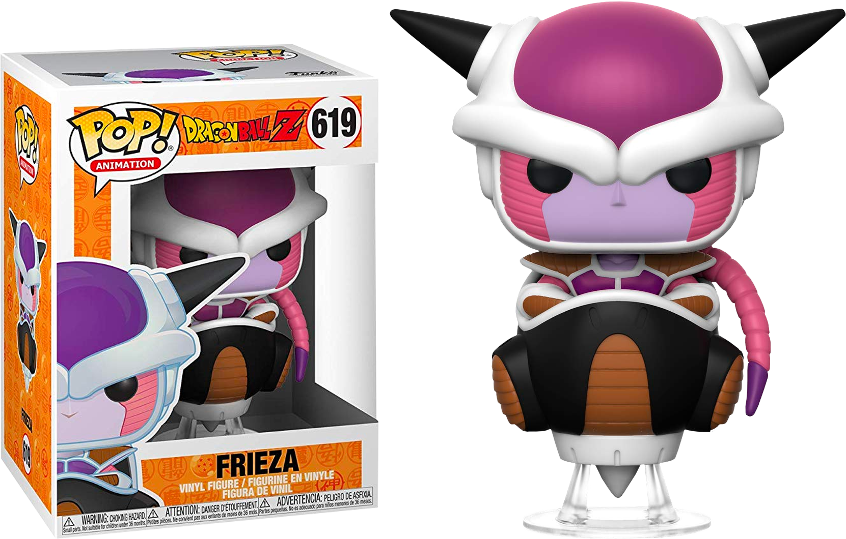 Frieza 桌布 壁紙 — 來自七龍珠Z的弗利沙Funko Pop! 乙烯基人偶站在其橙色和白色收藏盒旁邊，背景為黑色。