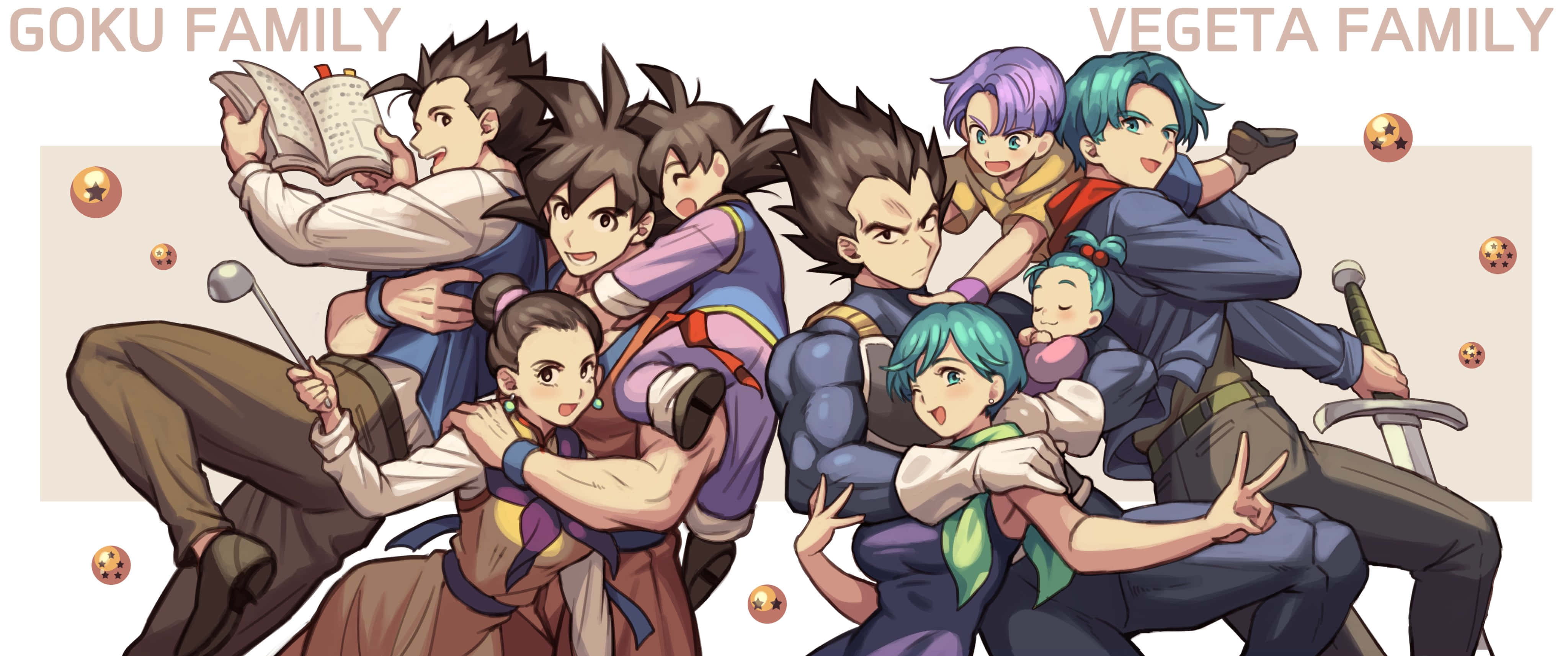 Vegeta's Family 桌布 壁紙 — 來自七龍珠的兩個動畫家庭在純色背景前，開心地擺出姿勢，手持武術裝備和能量球。
