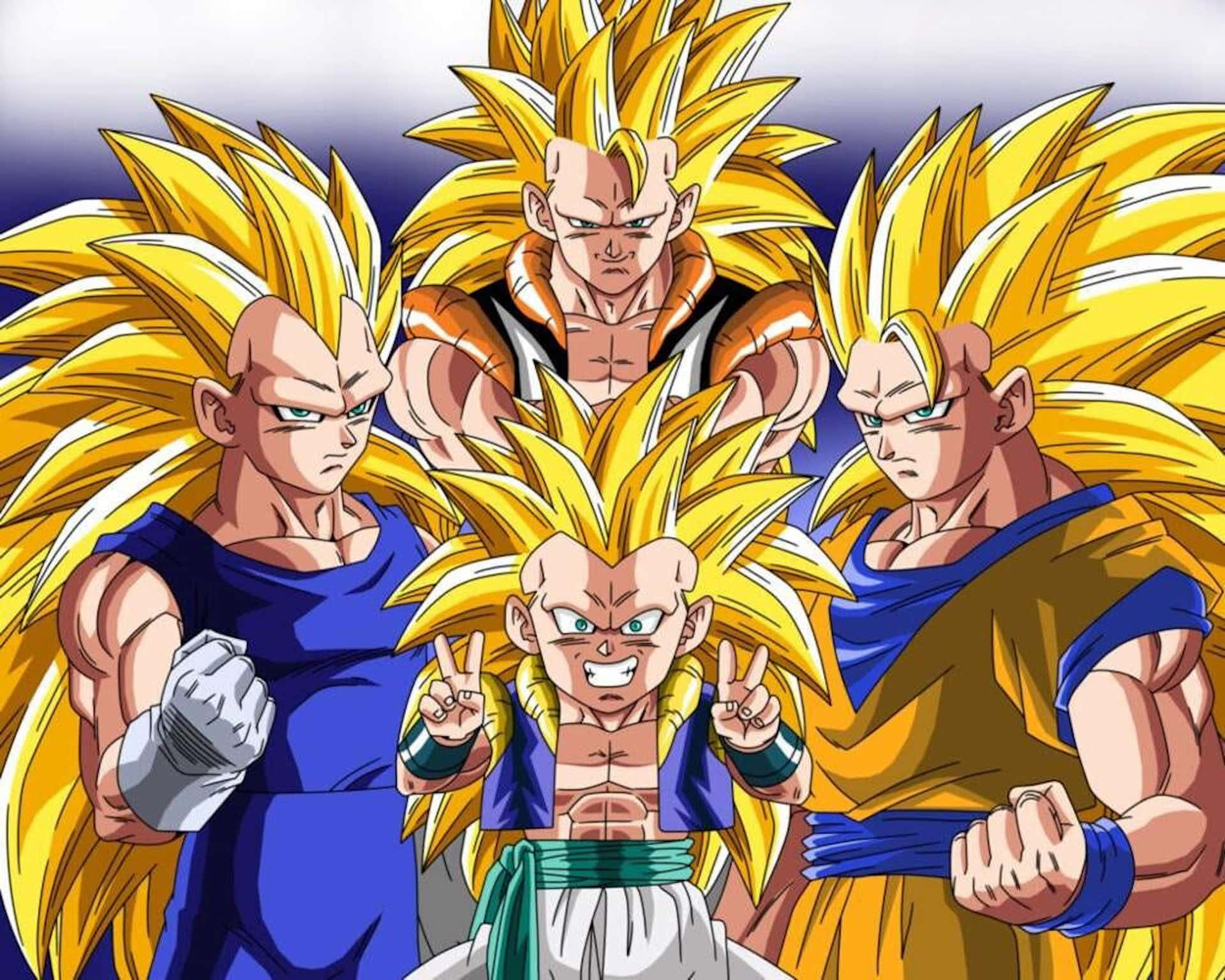 Vegeta Super Saiyan 3 桌布 壁紙 — 來自七龍珠的四個超級賽亞人角色以金色頭髮和強烈表情組成強大的陣型。