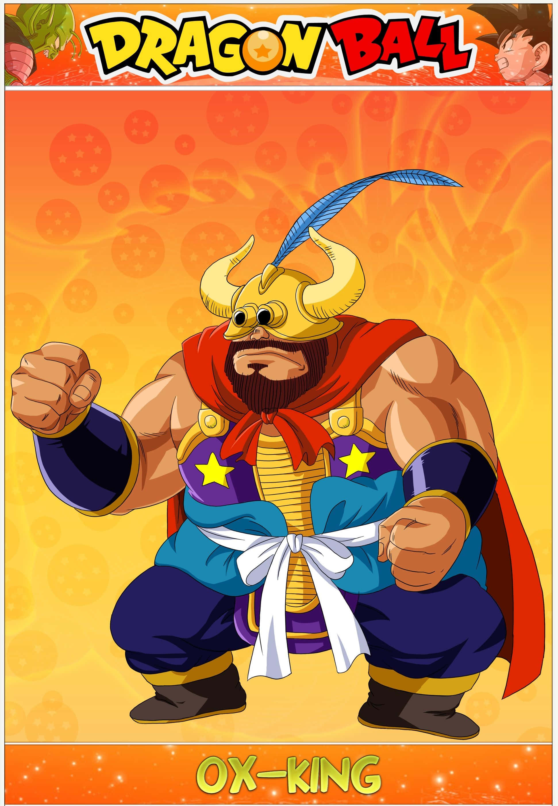 Ox King 桌布 壁紙 — 來自七龍珠的牛魔王身穿皇家盔甲，在熾熱的橙色背景前強力蹲伏，身後漂浮著龍珠。