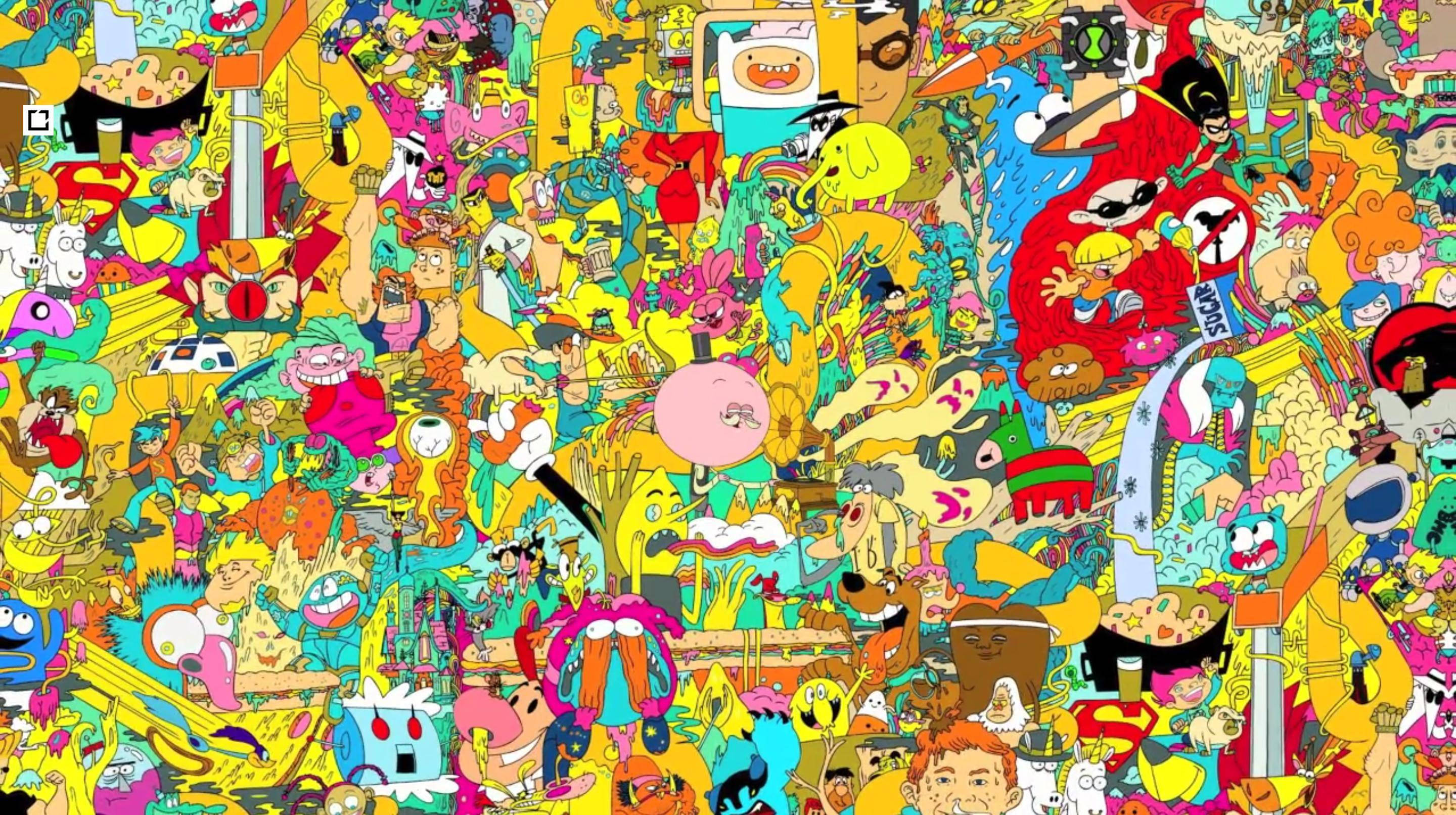 Cartoon Network Characters 桌布 壁紙 — 來自不同動畫節目的彩色卡通人物混亂爆炸般密集地組合成一個充滿活力的拼貼畫。