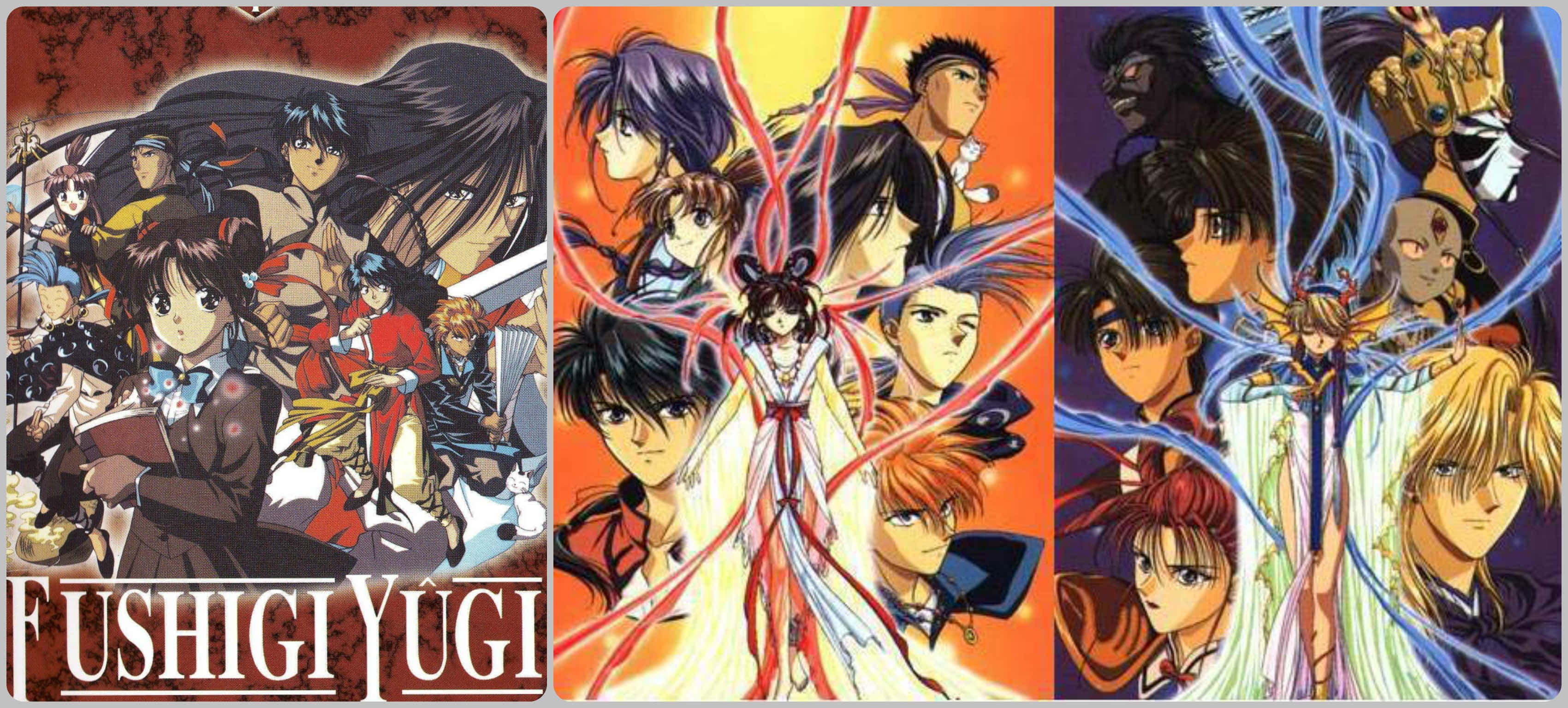Fushigi Yuugi 桌布 壁紙 — 來自不思議遊戲的鮮豔動漫角色，在色彩繽紛的背景和發光能量效果中動態擺姿勢。