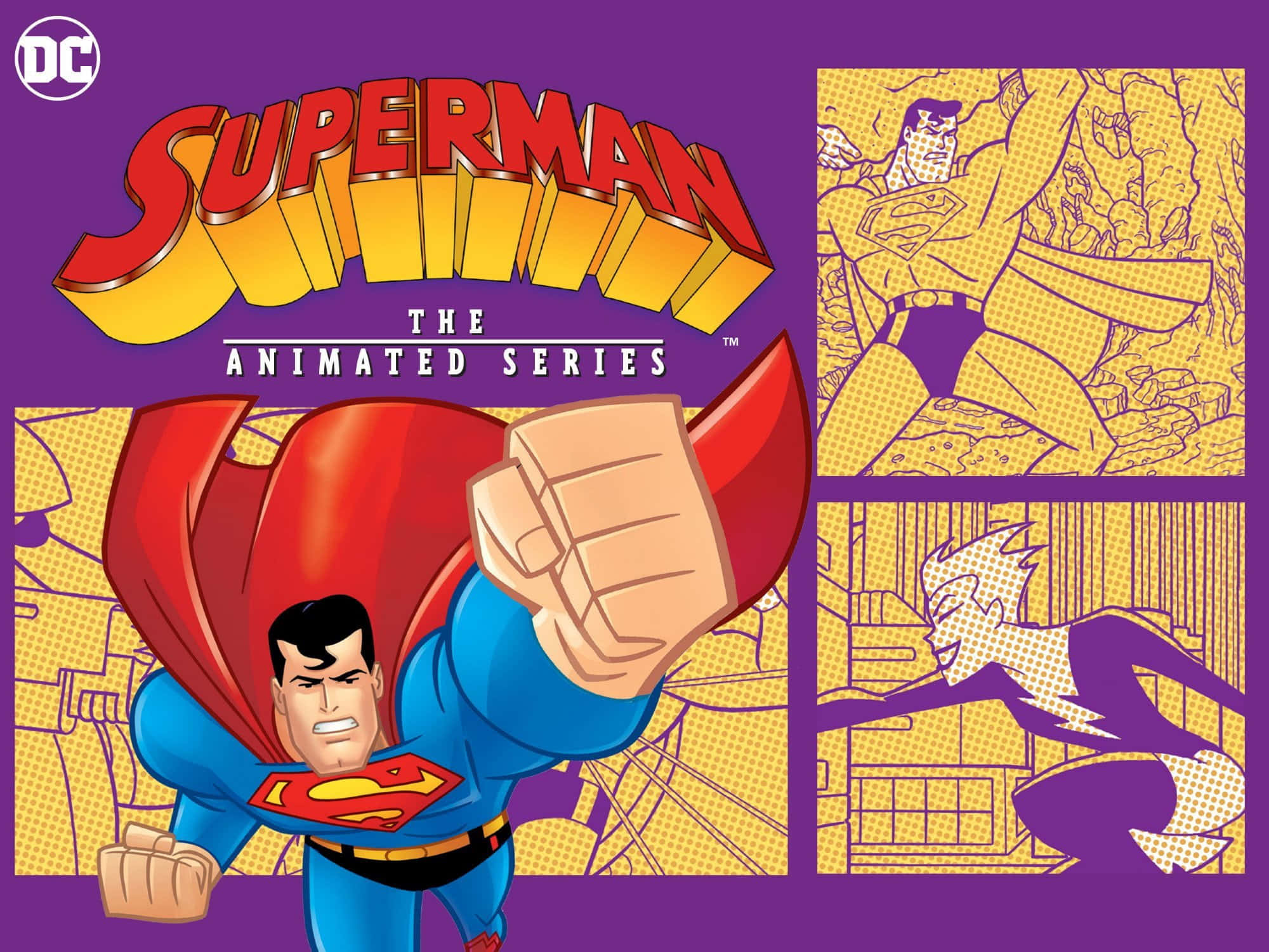 Superman The Animated Series 桌布 壁紙 — 來自動畫系列的超人英雄般地握緊拳頭，站在紫色背景前，背景有漫畫格。